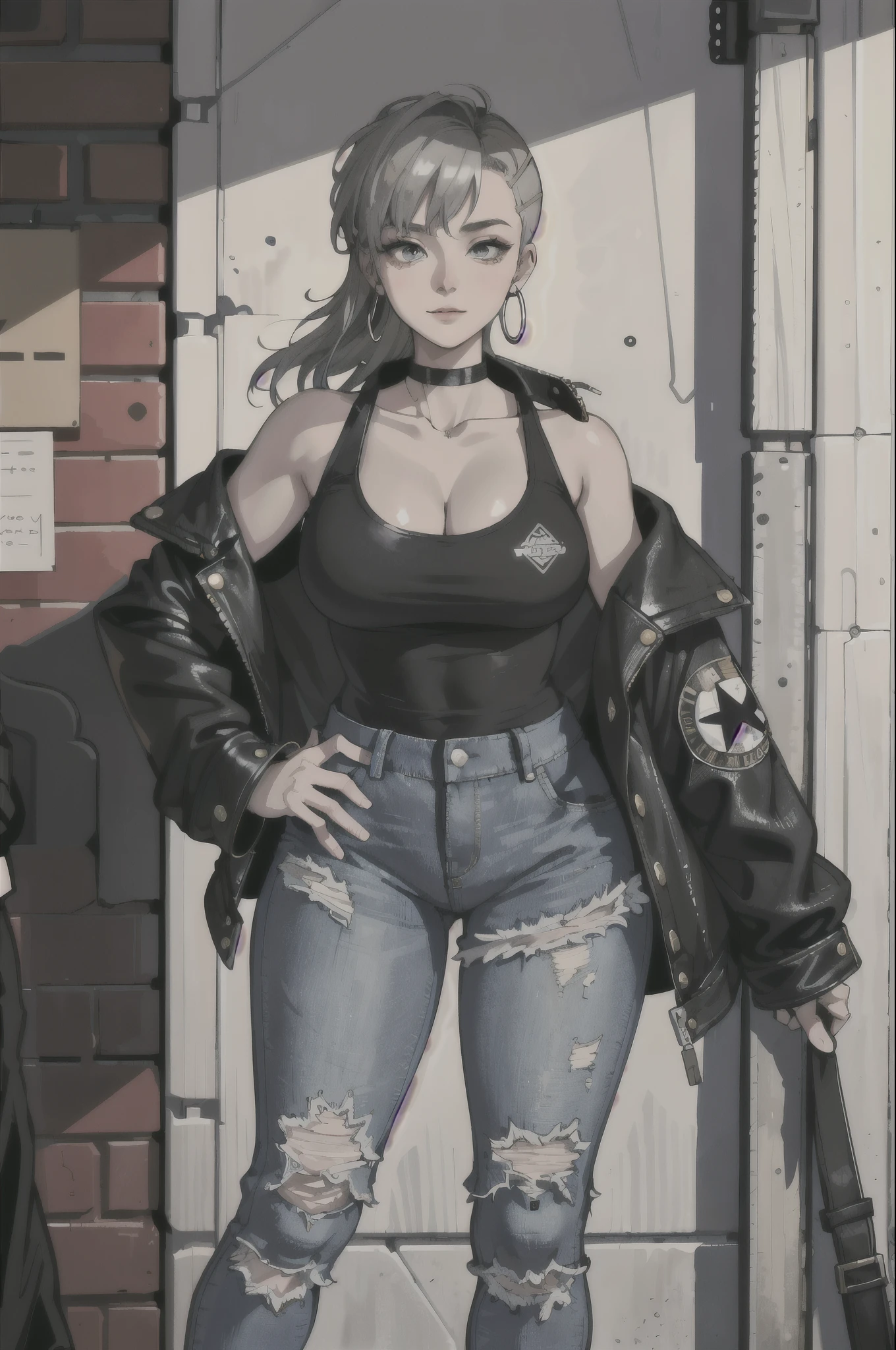(masterpiece:1.2, best quality), (1lady, solo, upper body:1.2), chubby body, fat chest, wide hips, Hair: buzz cut, Clothing: oversized, distressed denim jacket with patches and pins, paired with black skinny jeans and combat boots, Accessories: silver hoop earrings and a black choker necklace, Hanging out in an underground music venue or street art exhibit