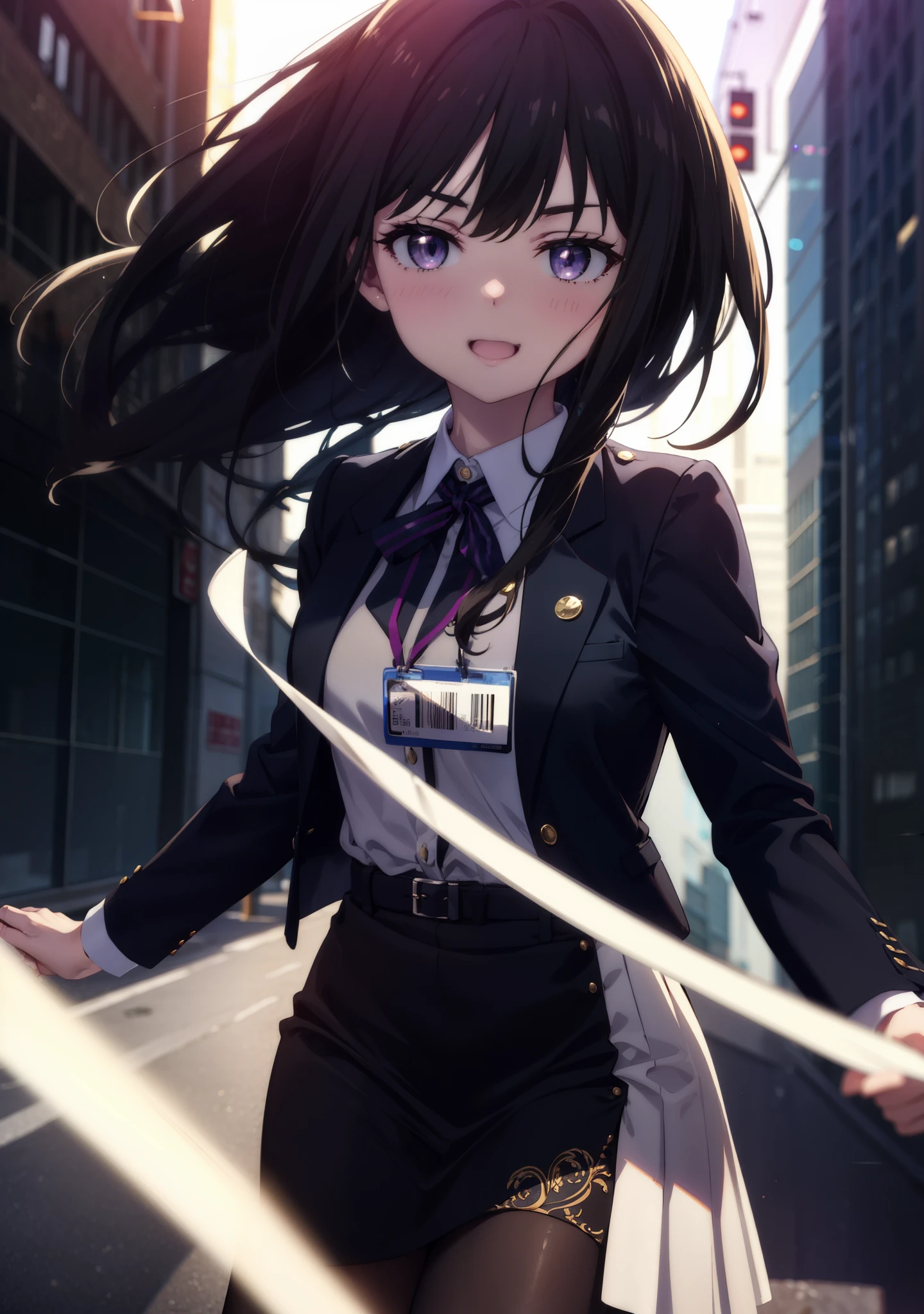 takinainoue, inoue takina, long hair, bangs, black hair, (purple eyes:1.2),OL, red glasses, end, black suit jacket, collared jacket, white dress shirt, collared shirt, neckline, button, strap, ID card on neck, 黒のペンシルskirt, black pantyhose,stiletto heels,morning,morning陽,the sun is rising,happy smile, smile, open your mouth,skirt,
BREAK outdoors, In town,ビル街
BREAK looking at viewer,whole body, (cowboy shot:1.5),
BREAK (masterpiece:1.2), best quality, high resolution, unity 8k wallpaper, (illustration:0.8), (beautiful detailed eyes:1.6), extremely detailed face, perfect lighting, extremely detailed CG, (perfect hands, perfect anatomy),
