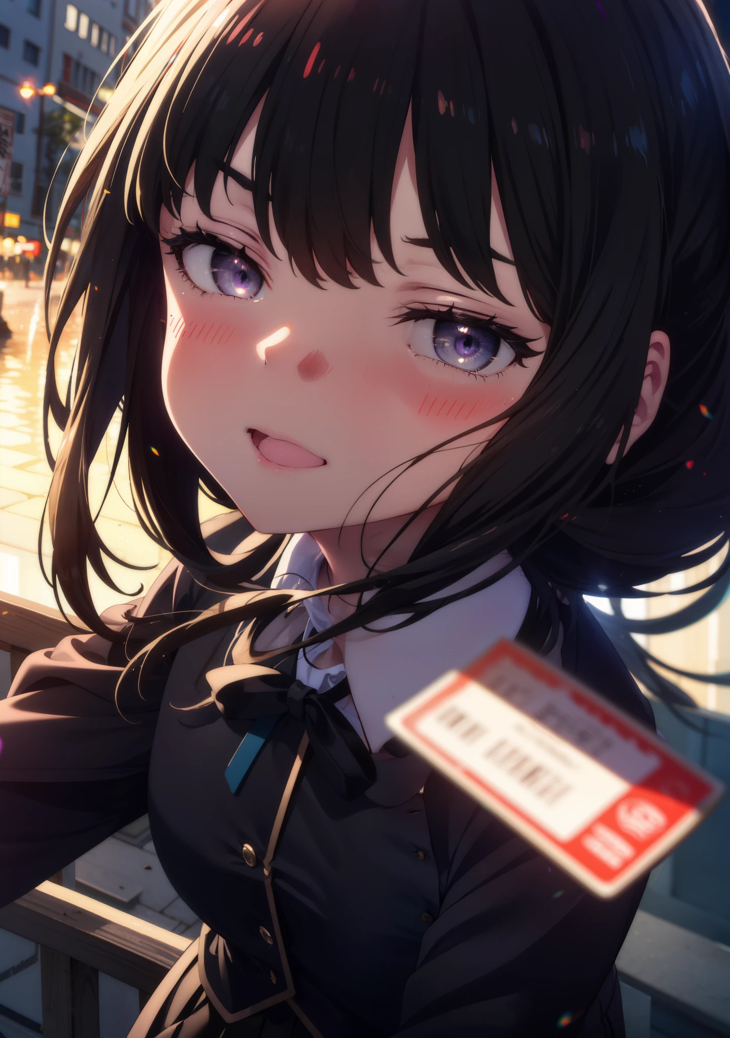 takinainoue, inoue takina, long hair, bangs, black hair, (purple eyes:1.2),OL, red glasses, end, black suit jacket, collared jacket, white dress shirt, collared shirt, neckline, button, strap, ID card on neck, 黒のペンシルskirt, black pantyhose,stiletto heels,morning,morning陽,the sun is rising,happy smile, smile, open your mouth,skirt,
BREAK outdoors, In town,ビル街
BREAK looking at viewer,whole body, (cowboy shot:1.5),
BREAK (masterpiece:1.2), best quality, high resolution, unity 8k wallpaper, (illustration:0.8), (beautiful detailed eyes:1.6), extremely detailed face, perfect lighting, extremely detailed CG, (perfect hands, perfect anatomy),