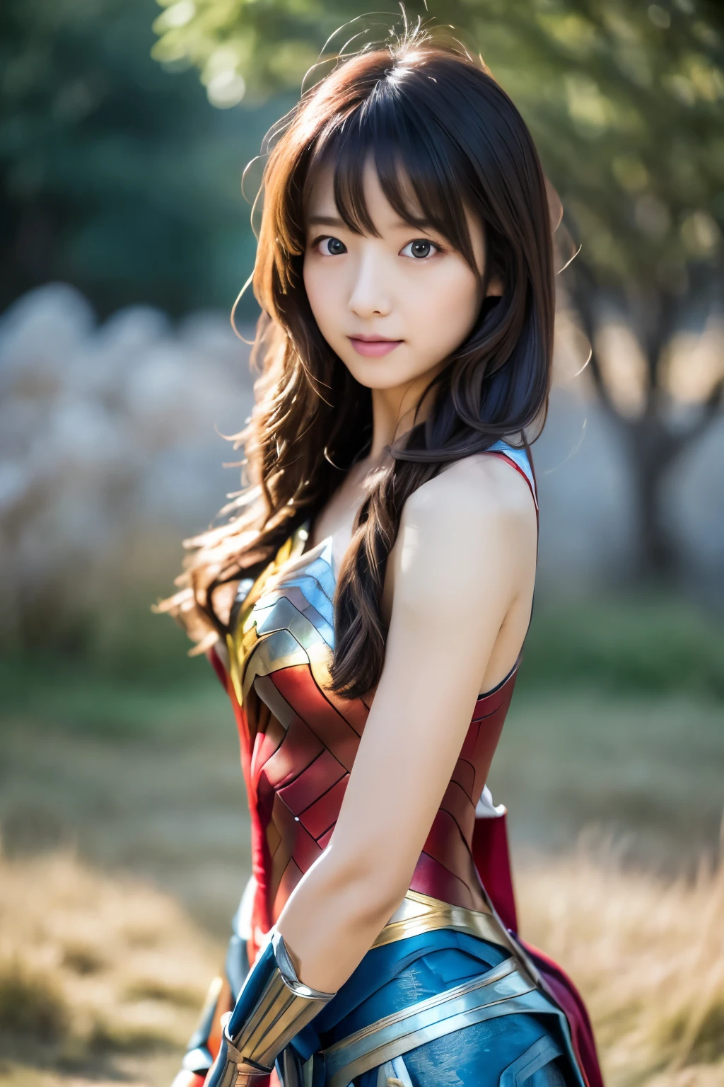 masterpiece, Skinny Japanese woman, Age 30s, 1 beautiful girl, high quality, (High resolution), (8K), (reality: 1.4), Asian beauty, cute face, detailed face, detailed eyes, beautiful skin, slender, very thin waist, movie lighting, bright lighting, professional lighting, looking at the viewer, look straight ahead, slanted bangs, brown hair, (Wonder woman cosplay), ((full body photo))