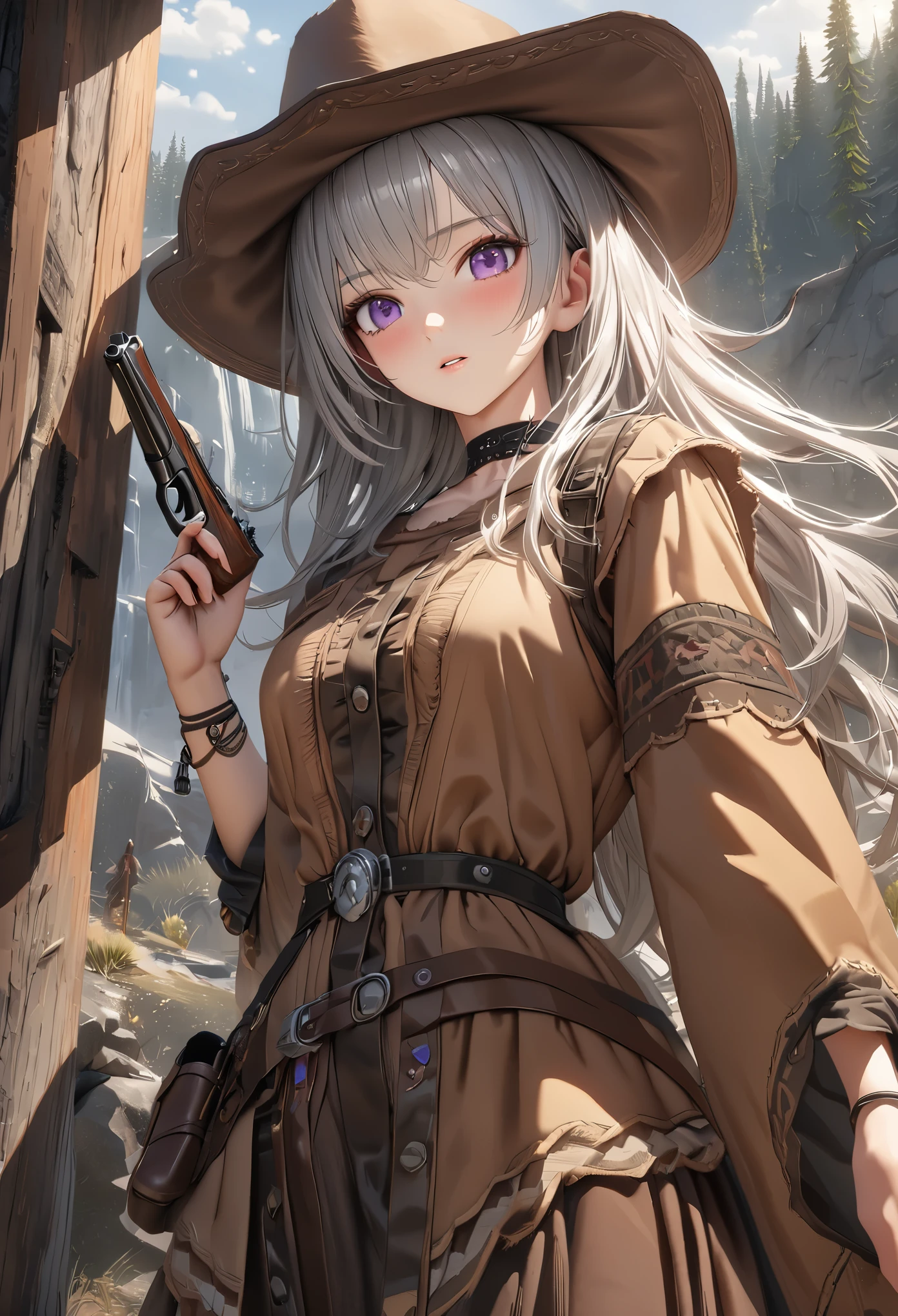 masterpiece,highest quality, Super detailed, High resolution, expensive resolution, HDR, 4k, 8K, unity 8k wallpaper, Super detailed CG, masterpiece, realistic, 2D, 3D, beautiful details, depth, fine texture , super fine: 1.3, Fully focused, Crispy.skin, .he, Very cute anime girl 、Desolate wilderness、cowboy style costume、cowboy hat、cowboy boots、hand gun、mexican wilderness、duel、Standing with a hand gun、long silver hair wearing expensive , one girl、alone, long silver hair, cowboy style、cowboy hat、hand gun、duel、cowboy bootole under the eye, looking at the viewer , expensive , blush, mole, parted lips, hair ornaments, heart, purple eyes, choker
