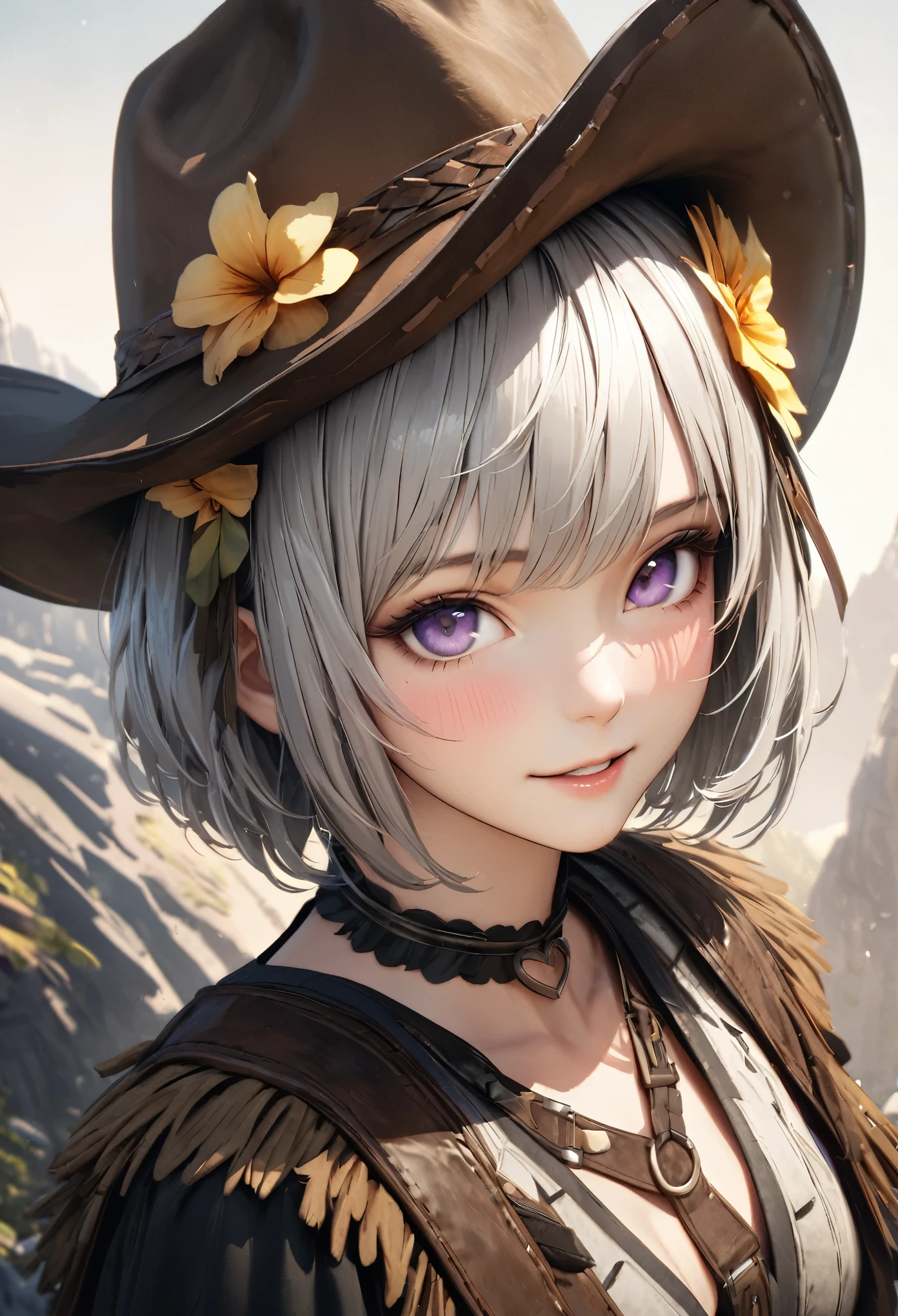 masterpiece,highest quality, Super detailed, High resolution, expensive resolution, HDR, 4k, 8K, unity 8k wallpaper, Super detailed CG, masterpiece, realistic, 2D, 3D, beautiful details, depth, fine texture , super fine: 1.3, Fully focused, Crispy.skin, .he, Very cute anime girl 、Desolate wilderness、cowboy styleの衣装、cowboy hat、cowboy boots、silver short hair wearing expensive , beautiful flowers々Call out to、gentle expression、Flying butterflies々、smile、one girl、alone, silver short hair, cowboy style、cowboy hat、cowboy bootole under the eye, looking at the viewer , expensive , blush, mole, parted lips, hair ornaments, heart, purple eyes, choker