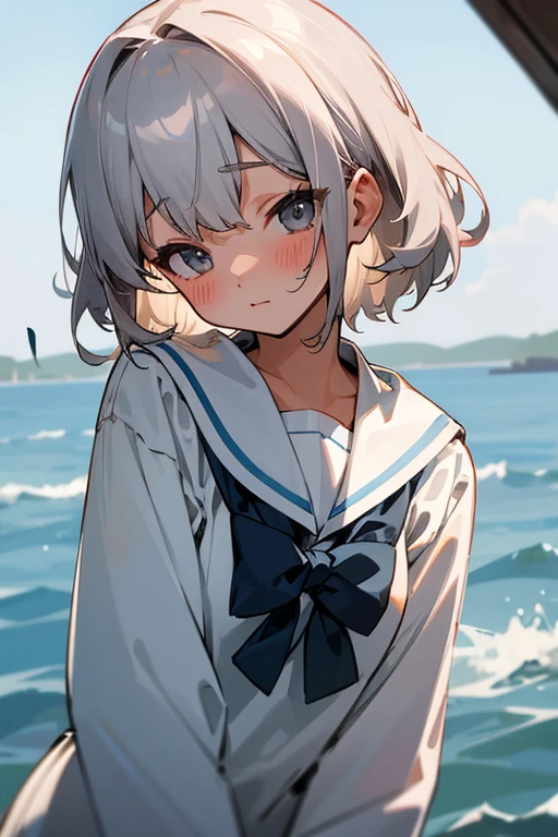 short gray hair, blush, high school student、sailor suit、Headbang 2.、cute、Beautiful woman、