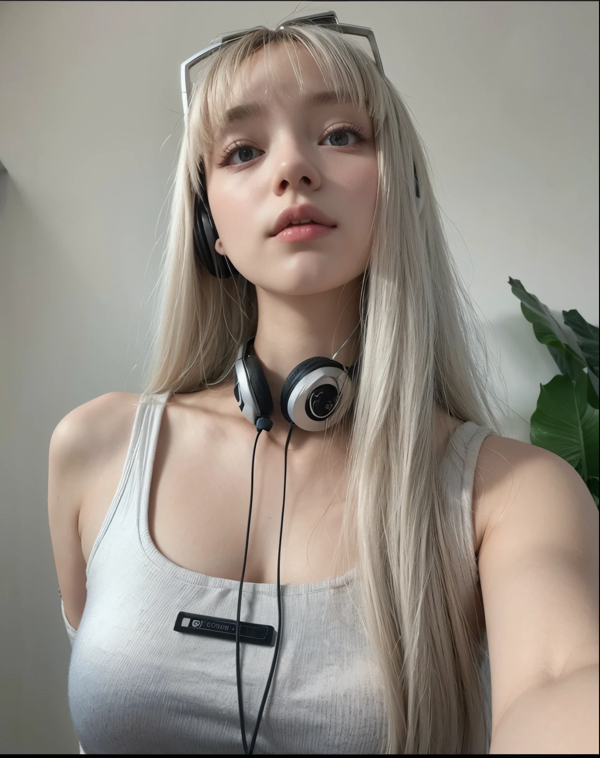 girl bloond hair, headphones on her neck, fringe