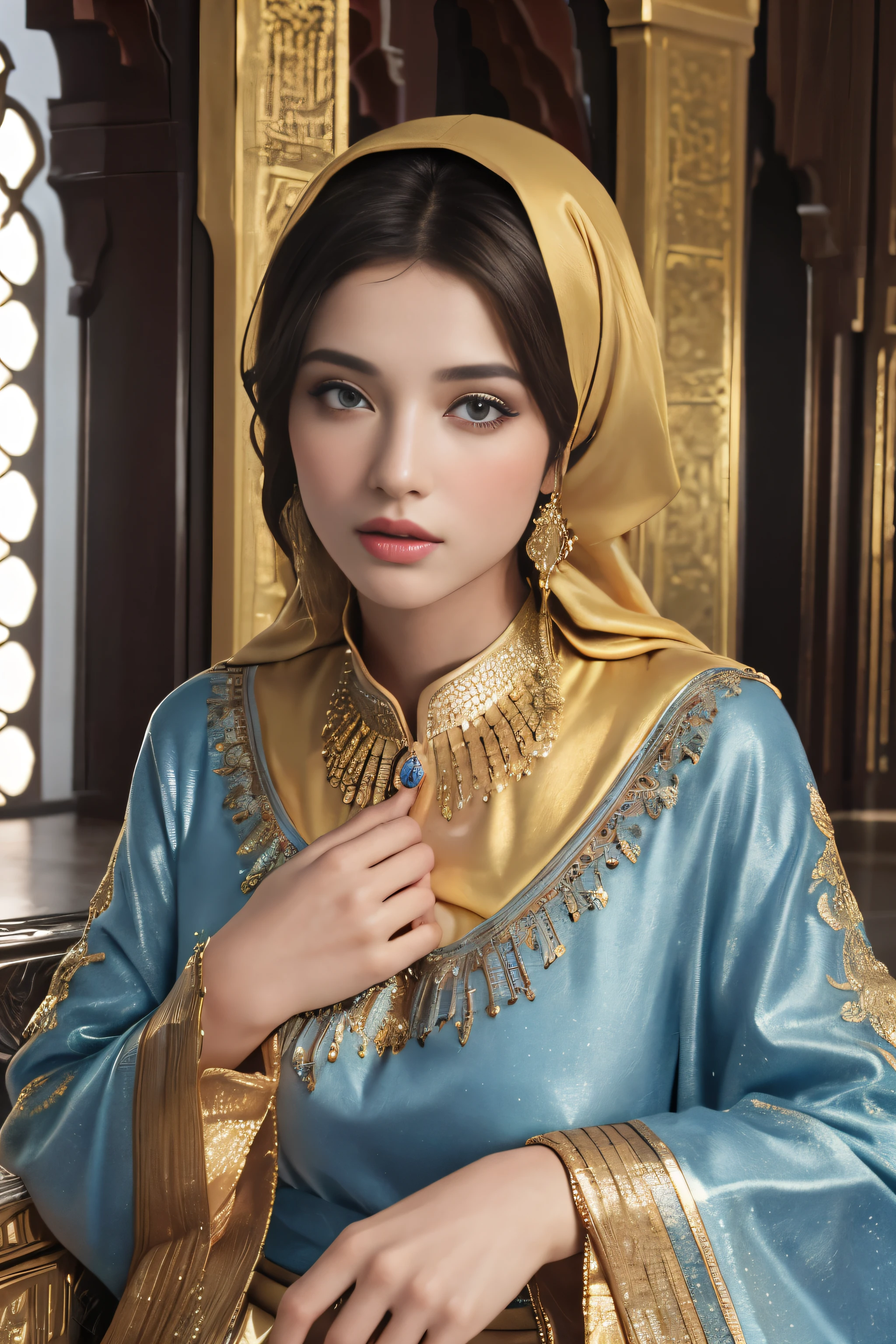 (master piece: 1.3), (8k, photoreallistic, Photo brute, beste-Qualit: 1.4), (1fille), beau visage, (realistic face), (cheveux rouges , cheveux long rouges1.3), belle coiffure, realistic crystal bright shining eyes, beautiful detailed eyes brilliant European beauty, (realistic skin), belle peau, (tirer), absurdes, attrayant, ultra highres, ultra realist, highly detailed, Golden Number wearing a Moroccan Islamic caftan outfit half red half blue