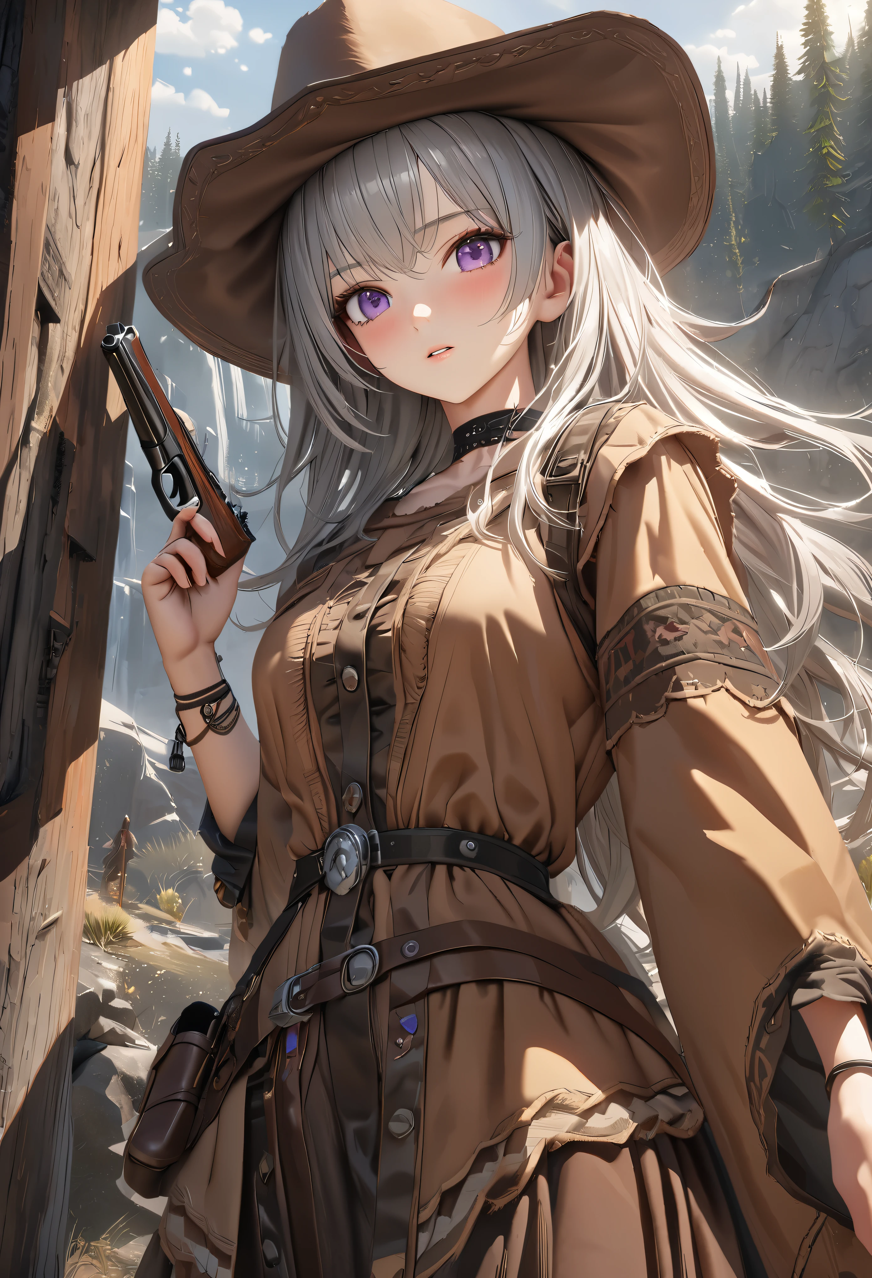 masterpiece,highest quality, Super detailed, High resolution, expensive resolution, HDR, 4k, 8K, unity 8k wallpaper, Super detailed CG, masterpiece, realistic, 2D, 3D, beautiful details, depth, fine texture , super fine: 1.3, Fully focused, Crispy.skin, .he, Very cute anime girl 、Desolate wilderness、cowboy style costume、cowboy hat、cowboy boots、hand gun、mexican wilderness、duel、Standing with a hand gun、long silver hair wearing expensive , one girl、alone, long silver hair, cowboy style、cowboy hat、hand gun、duel、cowboy bootole under the eye, looking at the viewer , expensive , blush, mole, parted lips, hair ornaments, heart, purple eyes, choker