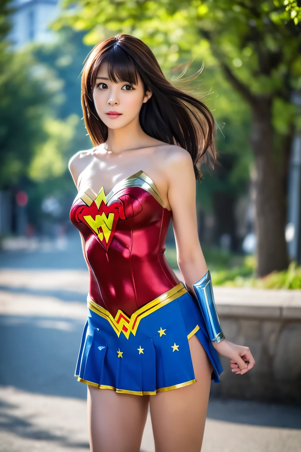 masterpiece, Skinny Japanese woman, Age 30s, 1 beautiful girl, high quality, (High resolution), (8K), (reality: 1.4), Asian beauty, cute face, detailed face, detailed eyes, beautiful skin, slender, very thin waist, movie lighting, bright lighting, professional lighting, looking at the viewer, look straight ahead, slanted bangs, brown hair, (Wonder woman cosplay), ((full body photo))