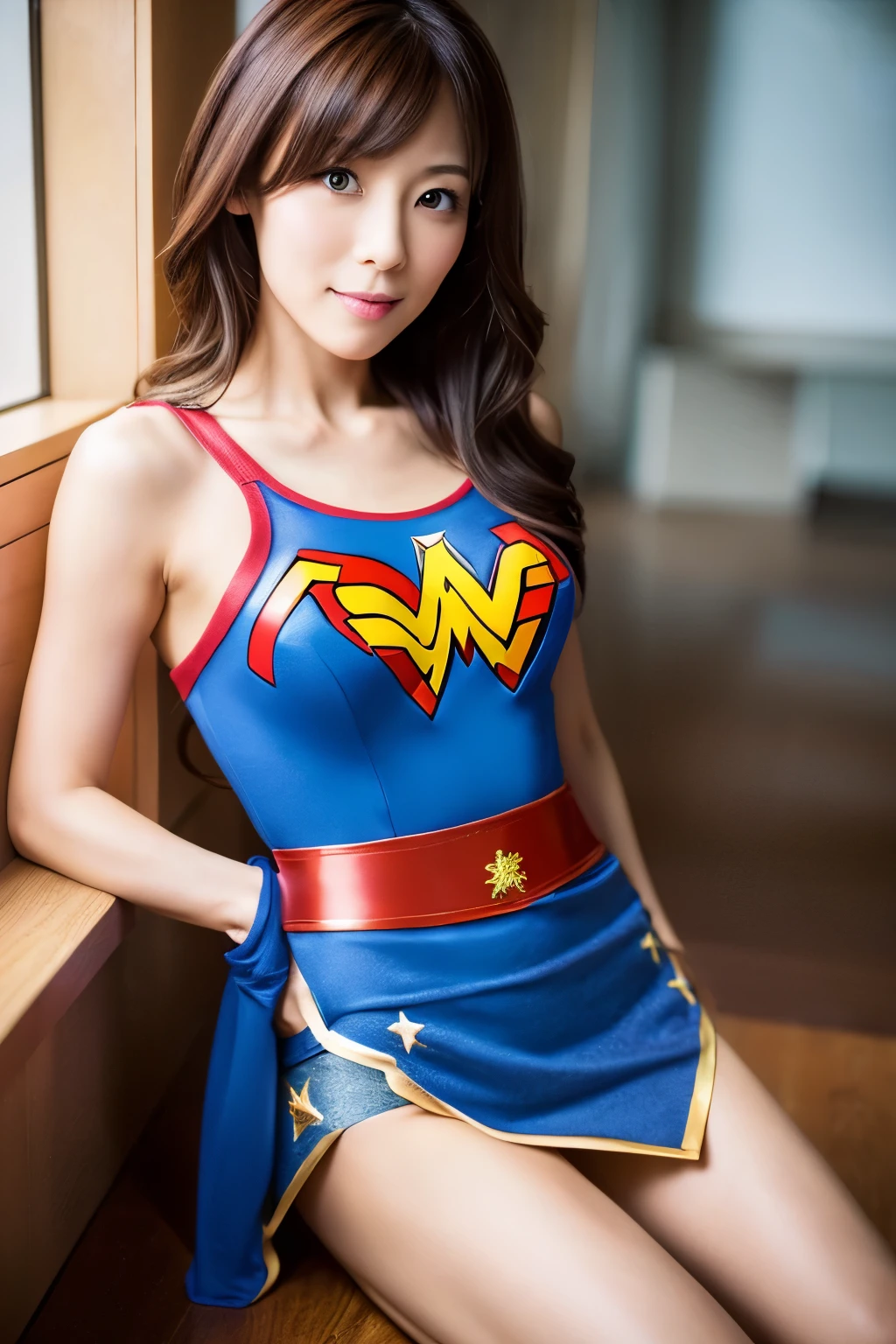 masterpiece, Skinny Japanese woman, Age 30s, 1 beautiful girl, high quality, (High resolution), (8K), (reality: 1.4), Asian beauty, cute face, detailed face, detailed eyes, beautiful skin, slender, very thin waist, movie lighting, bright lighting, professional lighting, looking at the viewer, look straight ahead, slanted bangs, brown hair, (Wonder woman cosplay), ((full body photo))