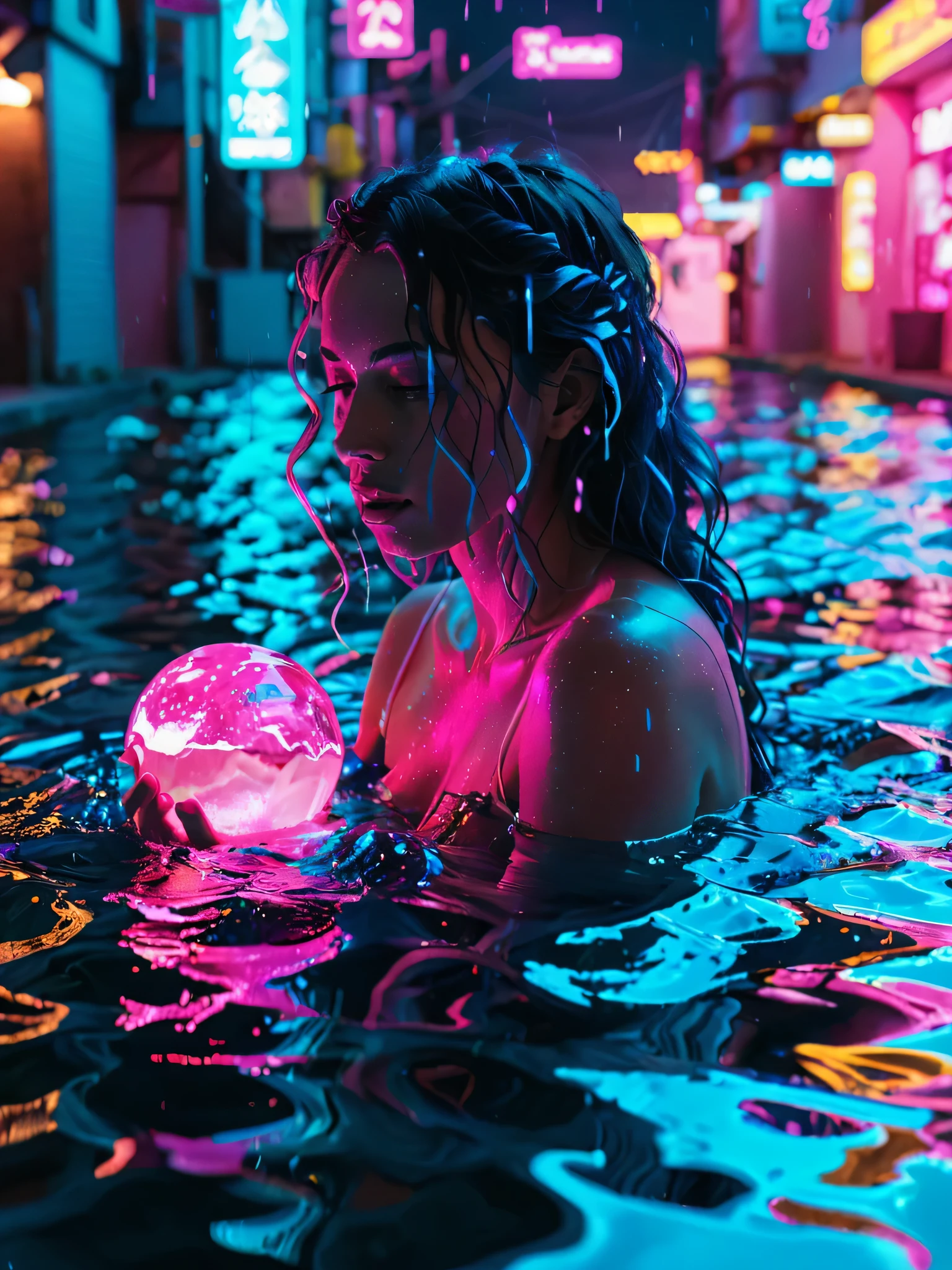 glowneon, hyrdomancer, emitting liquid light vibrant blue and pink, brightly coloured glowing water, cinematic film still, neon vaporwave background, water everywhere,