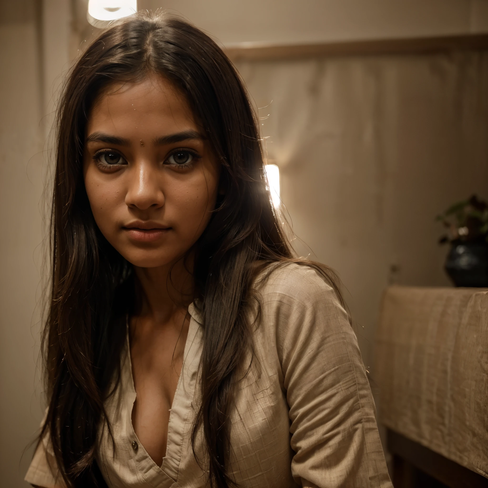 best quality, face focus, soft light, ultra high res, (photorealistic:1.4), RAW photo,
1indian girl, solo, cute, (pupil, lights in the eyes),  detailed beautiful face, (small chest),(high resolution detail of human skin texture),
(long hair),
indoor,
Damask Shirt Dress,
(portrait)