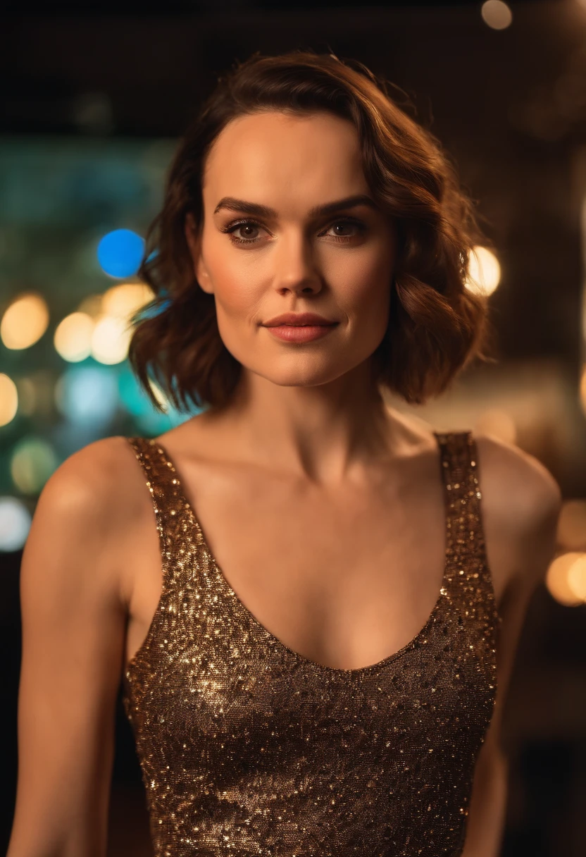 Daisy Ridley with matching tank top and skirt posing in a nightclub, garota sexy , desfocar o fundo, melhor qualidade, 1 garota, selfie de uma jovem, ahne maquiagem, maquiagem natural, Look directly into the camera, Cara com Artgram, maquiagem sutil, Impressionante foto de corpo inteiro, no quarto, seios grandes
