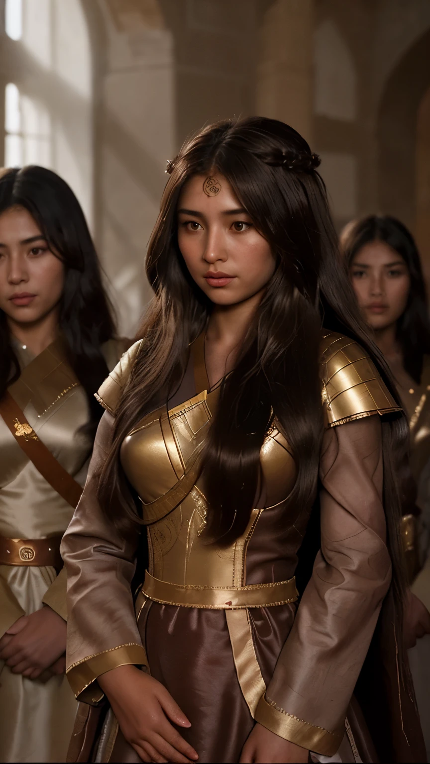 Generate hyper realistic Illustrate Genghis Khan's daughters inheriting their husbands' kingdoms after their deaths in battle, with Genghis Khan overseeing the process.
with hair resembling rich, velvety chocolate. Picture her daughters standing in a dreamlike setting, surrounded by soft, ethereal lighting that accentuates the luscious chocolate tones of her daughters hair. The dreamy atmosphere enhances her beauty, creating a captivating scene that transports viewers to a Spanish castle