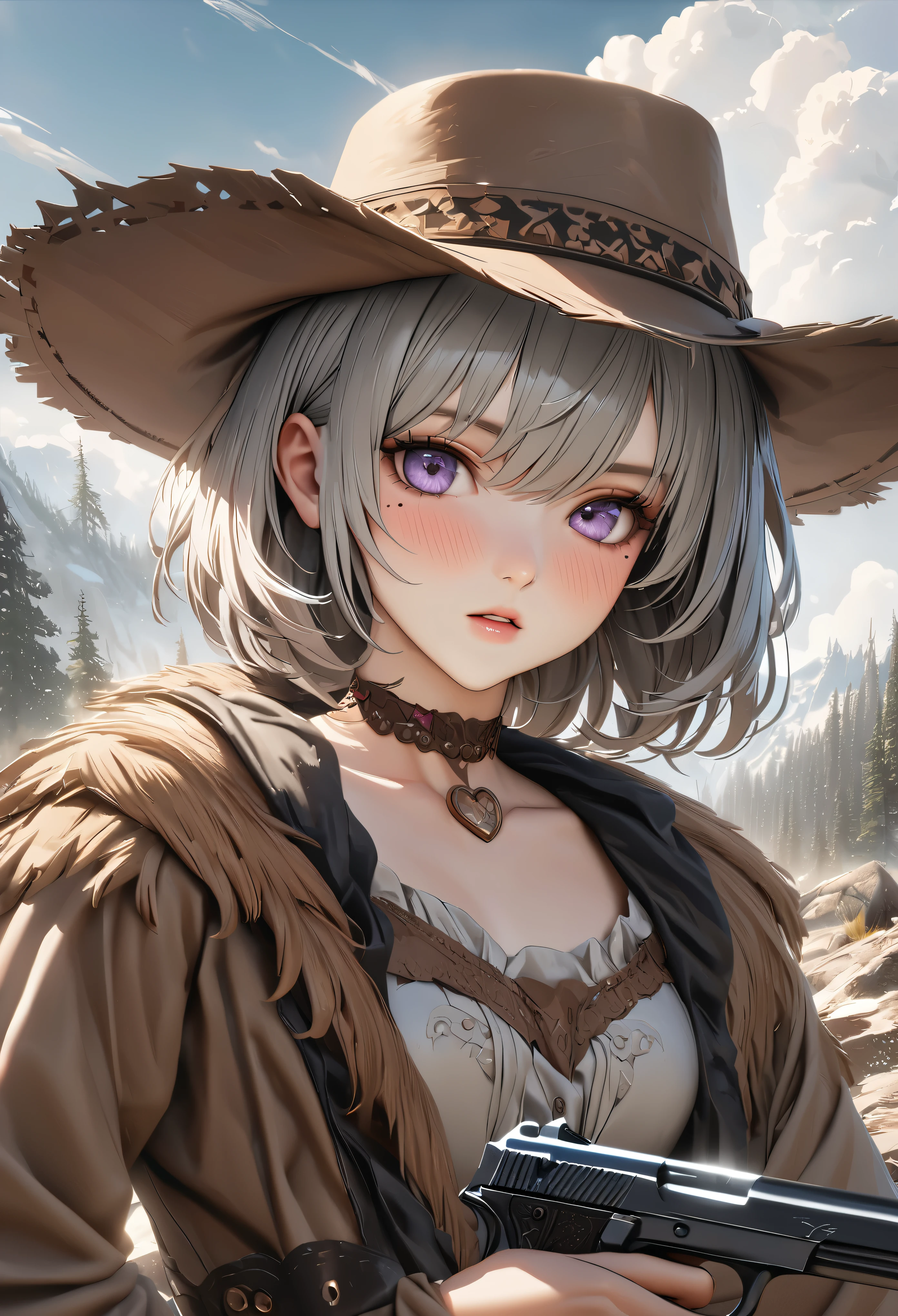 masterpiece,highest quality, Super detailed, High resolution, expensive resolution, HDR, 4k, 8K, unity 8k wallpaper, Super detailed CG, masterpiece, realistic, 2D, 3D, beautiful details, depth, fine texture , super fine: 1.3, Fully focused, Crispy.skin, .he,
Very cute anime girl 、Desolate wilderness、cowboy style costume、cowboy hat、cowboy boots、hand gun、mexican wilderness、duel、Standing with a hand gun、silver short hair wearing expensive , one girl、alone, silver short hair, cowboy style、cowboy hat、hand gun、duel、cowboy bootole under the eye, looking at the viewer , expensive , blush, mole, , parted lips, hair ornaments, heart, purple eyes, choker