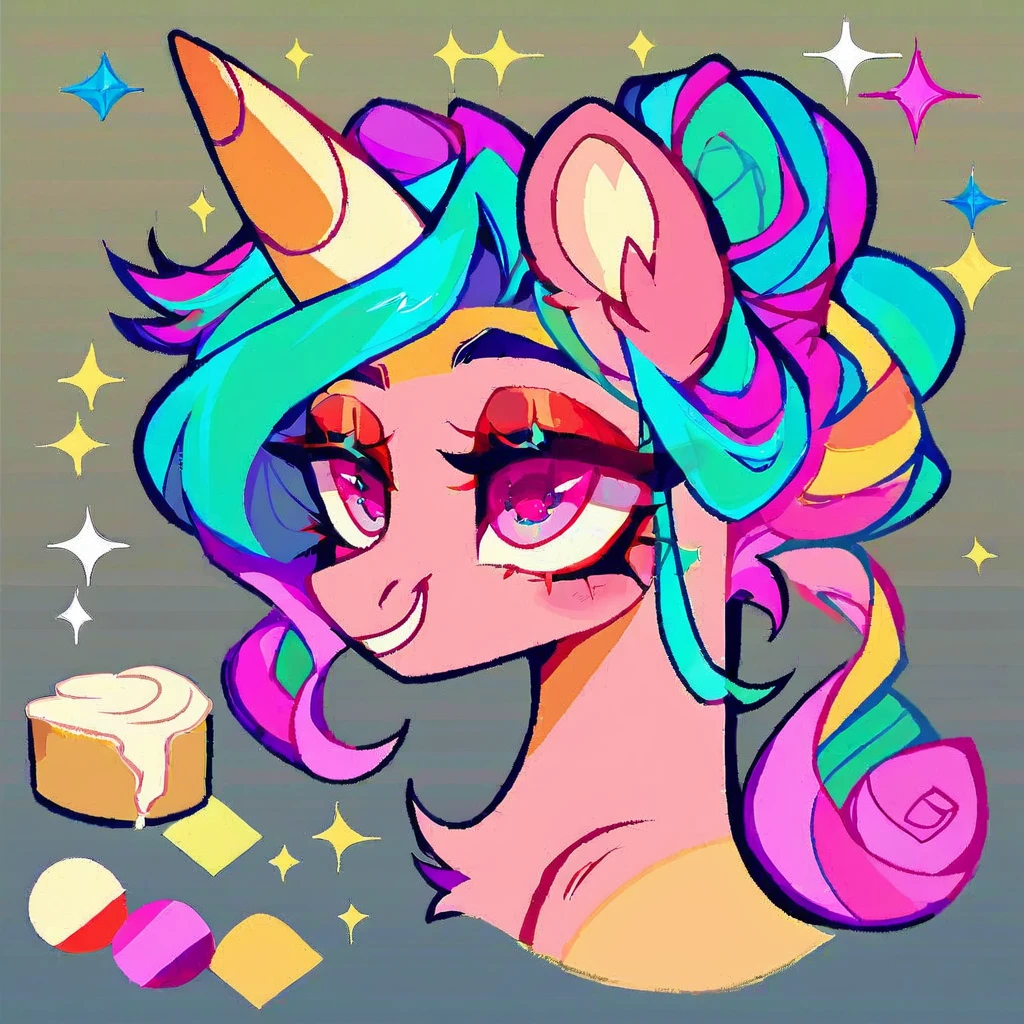 score_9, score_8_up, score_7_up, score_6_up, score_5_up, score_4_up, (rating_safe), pony base, 2d, reference art, pony_unicorn, cheesecake_color_palette, pink_eyes, long_hair, hairstyles_messy_low_bun , color_hair_with_and_cream, sparkles_hair