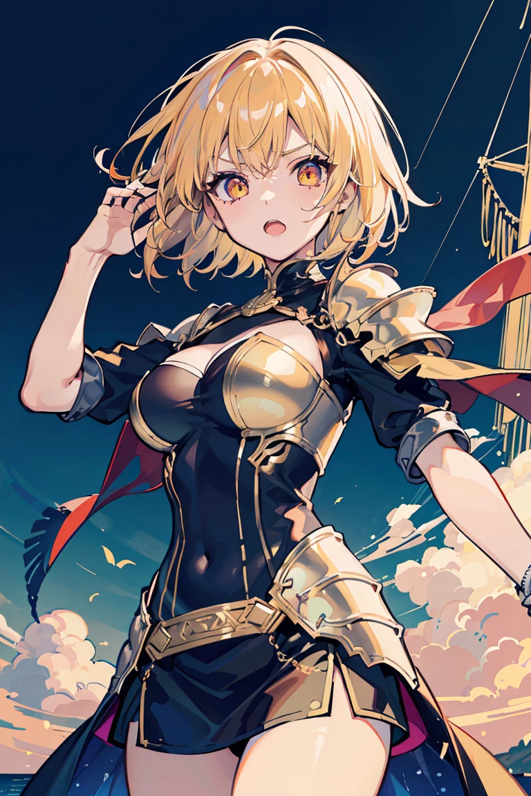 ((1 girl)), (Detailed and clear face) ,knight, female swordsman, cool woman, angry,open your mouth, (Large swordを振りかざす), gawain, Rough poses, (armor), Large sword,new, victory, royal palace, (cowboy shot),((Super detailed,highest quality, High resolution, 8k wallpaper, 美new服,)),((Hair the color of the sun, short hair,wavy hair)), blown by the wind, eye shadow, eyeliner,Glow eye, reflected lightの美new目, ((shining golden eyes)), 18 year old girl,five fingers,eye shadow, eyeliner,Glow eye, girl, romanticism, modern art, Impressionism, reflected light, 8K, masterpiece, advanced details, highest quality, accurate anatomy, five fingers