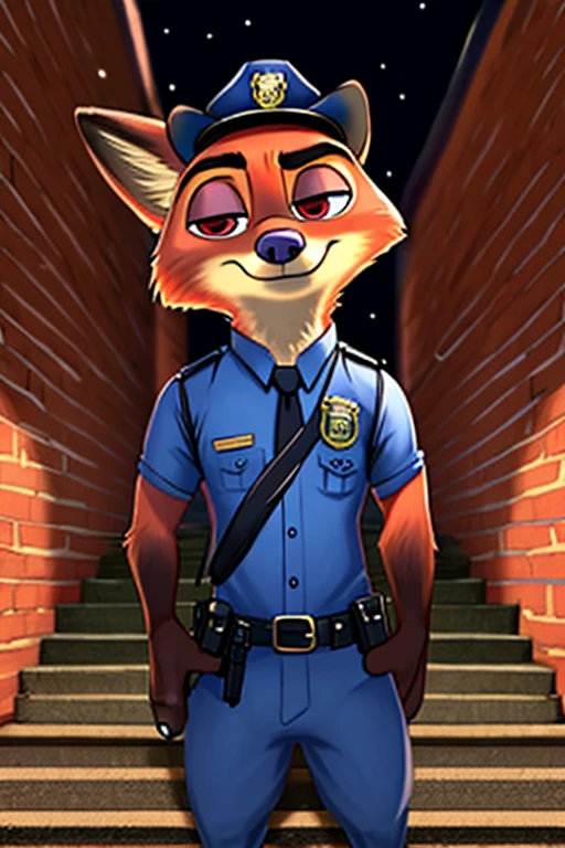 Zorro de dibujos animados con corbata y camisa de policia, wearing black bowler hat (hat which has a robotic red eye)《zootopia》Nick Wilde, Nick Wilde, zootopia style, estilo de película zootopia, Disney zootopia style, zootopia Stairs, primer plano de cuerpo completo, estilo zootopia, Peludo estilo Disney, zoo style, Disney Pixar zootopia, en la ciudad de zootopia, arte conceptual de zootopia