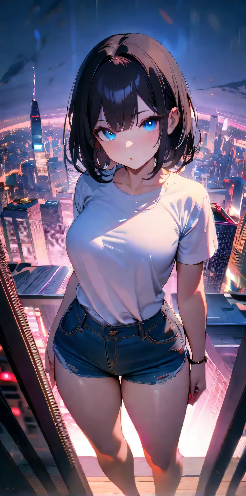 1girl, short black hair, blue eyes, wearing plain white shirt, denim shorts, city, absurdres, high res, ultrasharp, 8K, masterpiece, looking at viewer