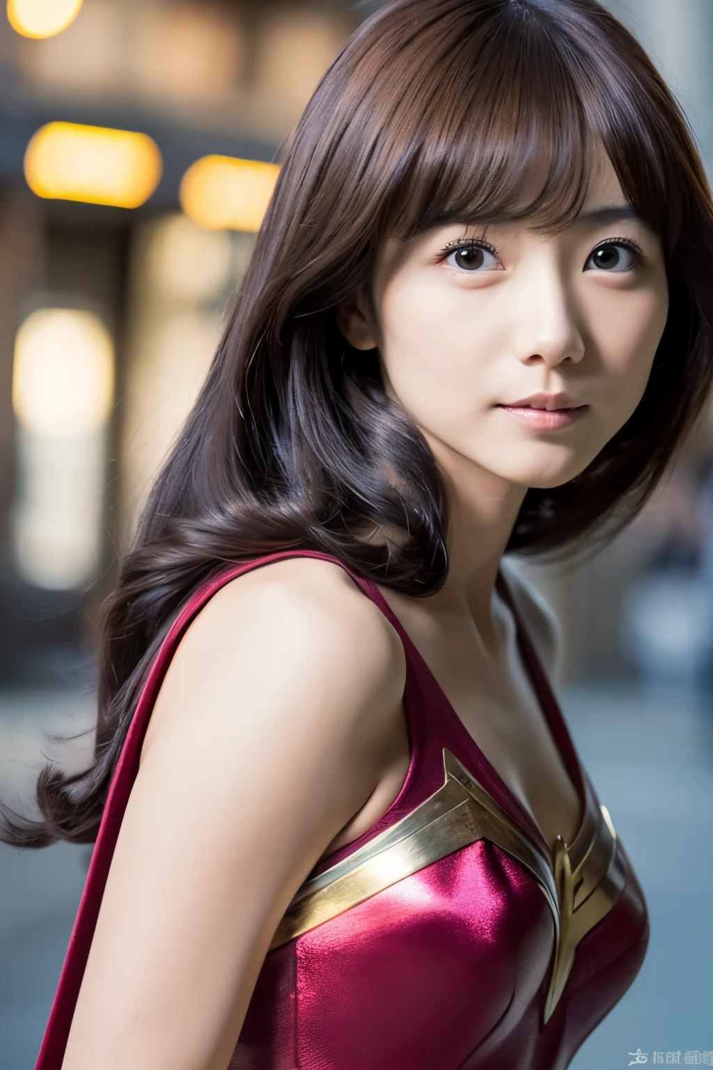 masterpiece, Skinny Japanese woman, Age 30s, 1 beautiful girl, high quality, (High resolution), (8K), (reality: 1.4), Asian beauty, cute face, detailed face, detailed eyes, beautiful skin, slender, very thin waist, movie lighting, bright lighting, professional lighting, looking at the viewer, look straight ahead, slanted bangs, brown hair, (Wonder woman cosplay), ((full body photo))