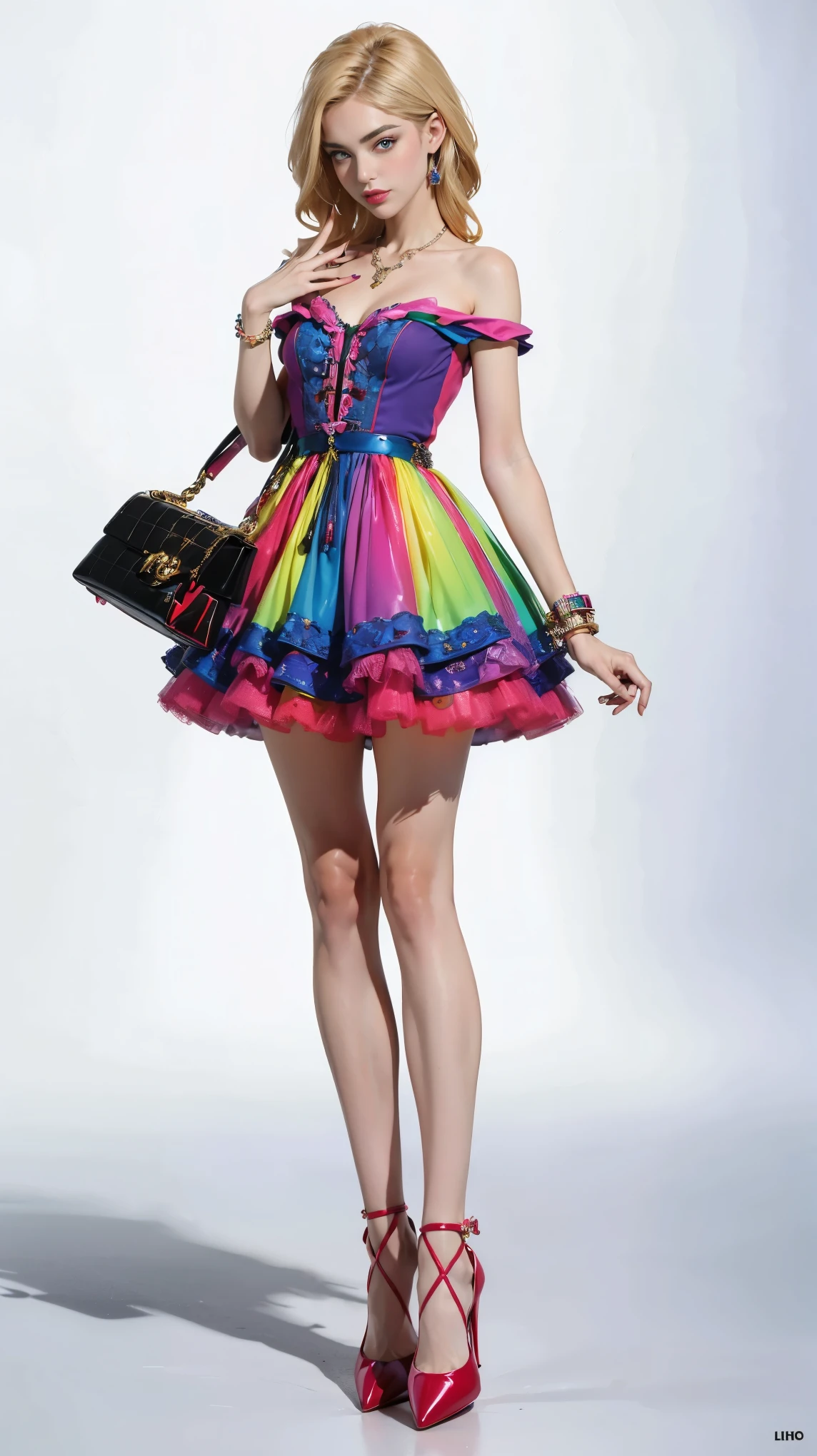((best quality,4k,highres,masterpiece:1.2)),((character concept art)), 1 female, age 18. Known for her Barbie-like looks and innovative designs, Lily embodies the role of a young and vibrant fashion designer. Her body language is as captivating as her personality, always exuding confidence and creativity. (((She's wearing a vibrant Moschino Couture Mini Dress, paired with colorful Christian Louboutin So Kate Pumps.))) Her accessories include a playful Chanel Rainbow Boy Bag, a pair of oversized Gucci Crystal Embellished Sunglasses, and a set of stacked rainbow bangles, enhancing her overall look. ((intricate detail)), super finely detailed hands, ultra finely detailed fingers(((ten fingers))), (standing confidently), (full body showcase), (show full body), (no logos on background), (no logo), ((plain background)), ((plain background)), (((empty background))).