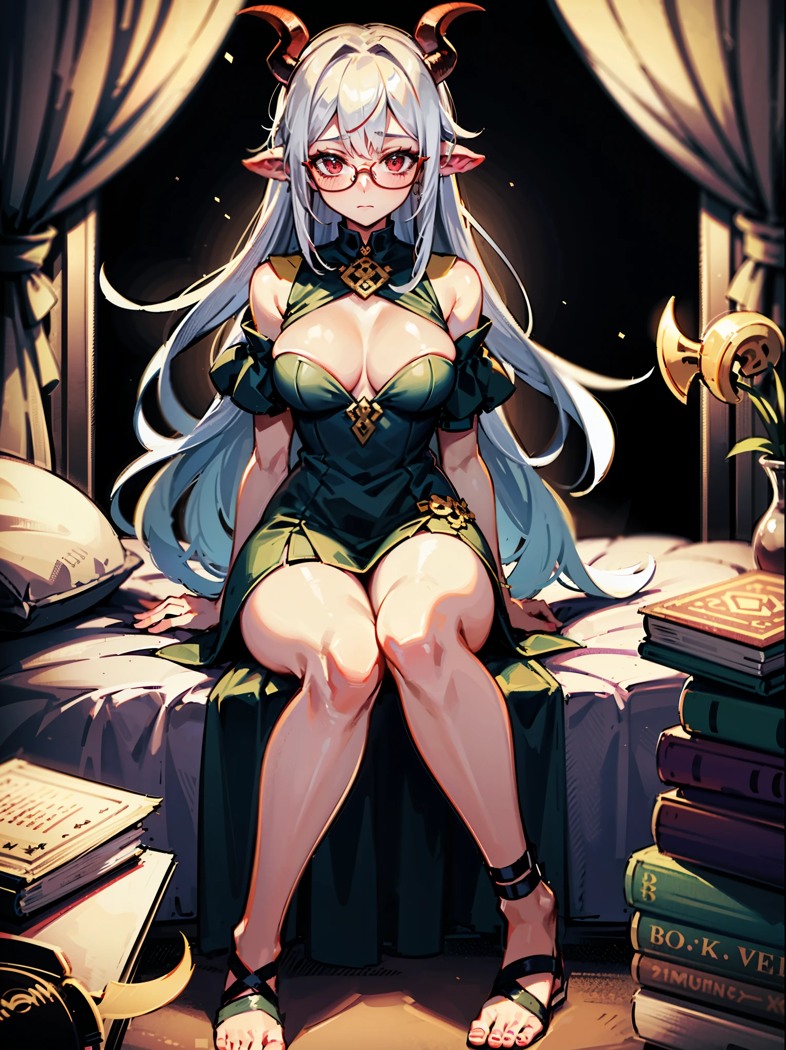 Demoness girl, 28 years old, motherly features, high quality, 4k, medium breasts, Glasses, Shy expression, long hair, colorful, Demon tail visible, Has a tail, sitting on bed in a summoning circle, demon book