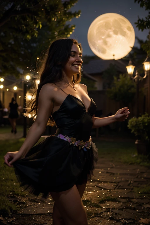 A seductive enchantress dances under the light of the full moon, her movements fluid and hypnotic, while holding a bouquet of night-blooming flowers and her laughter echoing through the night.