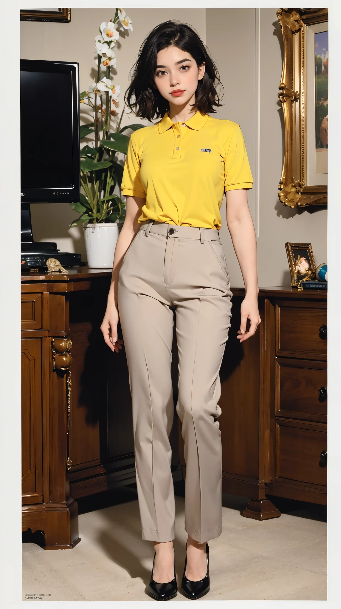 ((best quality,4k,highres,masterpiece:1.2)),((character concept art)), 1 female, age 18. Known for her naive demeanor and optimistic outlook, Issabella embodies the role of a young, countryside intern at a TV channel. Her body language is as gentle as her personality, always exuding shyness and friendliness. (((She's wearing a simple Polo shirt and pair of trousers that, while modest, suits her slim, athletic body))). (((Her shoes are basic, comfortable, and suitable for her long hours at the television channel))). ((intricate detail)), super finely detailed hands, ultra finely detailed fingers(((ten fingers))), (standing shyly), (full body showcase), (show full body), (no logos on background), (no logo), ((plain background)), ((plain background)), (((empty background))).
