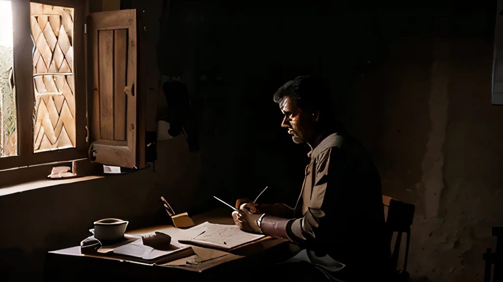 Full body view, inside a dark Indian earthen village hut, silhouette of a middle aged Indian man sitting at a desk in front of a small window writting a letter, raining outside the window