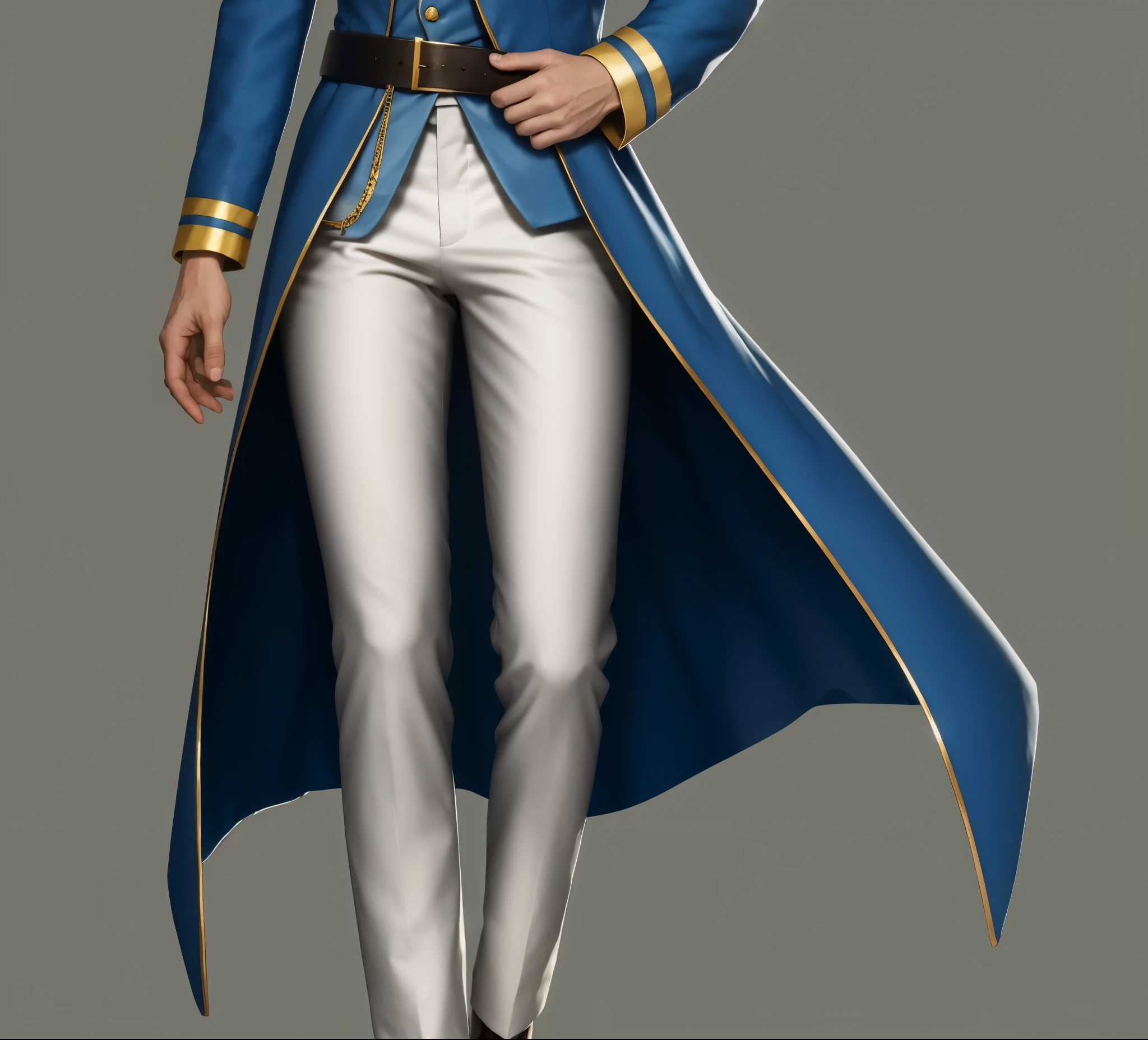 reference sheet: 1.8, great details, high quality, masterful work, Tall Boy, Beautiful face, long pants, art in boots, (masterpiece, A high resolution, high quality: 1.2), complex parts, cinematic lighting, clear focus, depth of field, blue coat, White pants, black shoes with gold toe, Gold Elements, brunette, an aristocrat, White pants, brooch expensive brooch, брошь an aristocratа, White vest, white suit, blue cloak 
