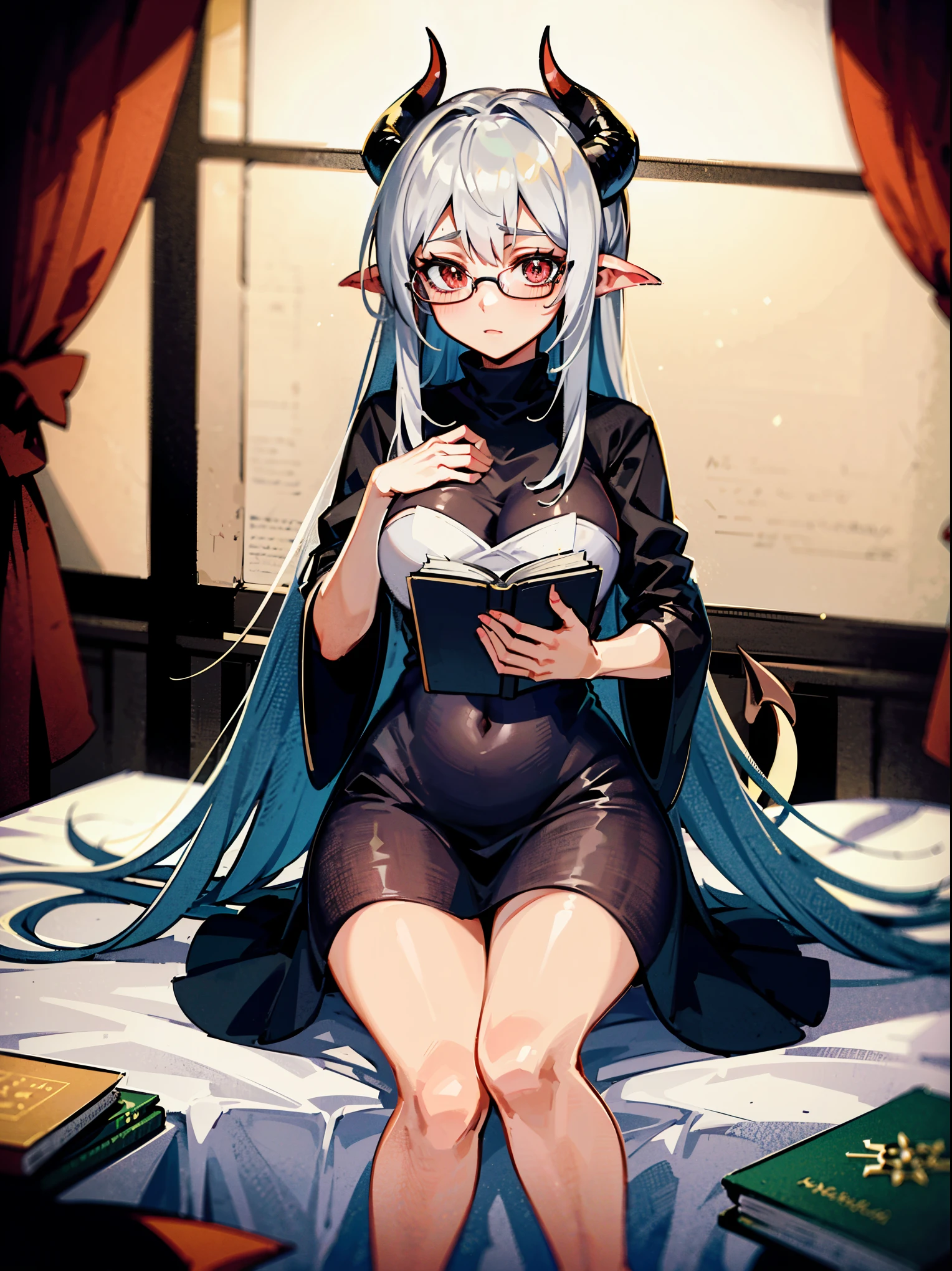 Demoness girl, 28 years old, motherly features, high quality, 4k, medium breasts, Glasses, Shy expression, long hair, colorful, Demon tail visible, Has a tail, sitting on bed in a summoning circle, demon book