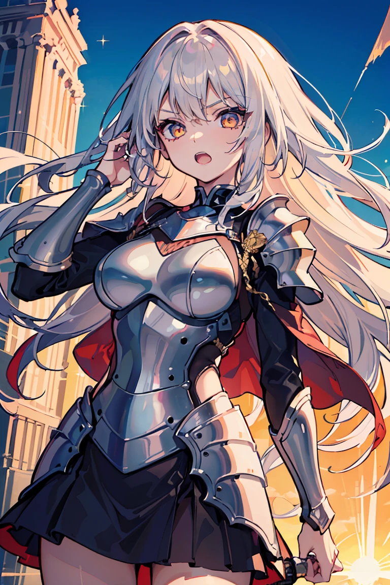 ((1 girl)), (Detailed and clear face) ,((knight, female swordsman)), cool woman, angry,open your mouth, (Large swordを振りかざす), gawain, Rough poses, (armor), Large sword,new, Warm sunshine, Daytime with good weather, victory, royal palace, (cowboy shot),((Super detailed,highest quality, High resolution, 8k wallpaper, 美new服,)),((Hair the color of the sun, medium long hair,wavy hair)), blown by the wind, eye shadow, eyeliner,Glow eye, reflected lightの美new目, ((shining golden eyes)), 18 year old girl,five fingers,eye shadow, eyeliner,Glow eye, 16 year old girl, romanticism, modern art, Impressionism, reflected light, 8K, masterpiece, advanced details, highest quality, accurate anatomy, five fingers