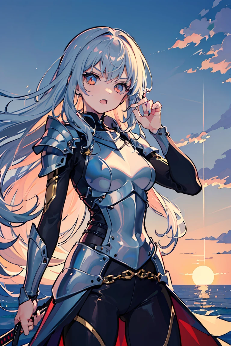 ((1 girl)), (Detailed and clear face) ,((knight, female swordsman)), cool woman, angry,open your mouth, (Large swordを振りかざす), gawain, Rough poses, (armor), Large sword,new, Warm sunshine, Daytime with good weather, victory, royal palace, (cowboy shot),((Super detailed,highest quality, High resolution, 8k wallpaper, 美new服,)),((Hair the color of the sun, medium long hair,wavy hair)), blown by the wind, eye shadow, eyeliner,Glow eye, reflected lightの美new目, ((shining golden eyes)), 18 year old girl,five fingers,eye shadow, eyeliner,Glow eye, 16 year old girl, romanticism, modern art, Impressionism, reflected light, 8K, masterpiece, advanced details, highest quality, accurate anatomy, five fingers