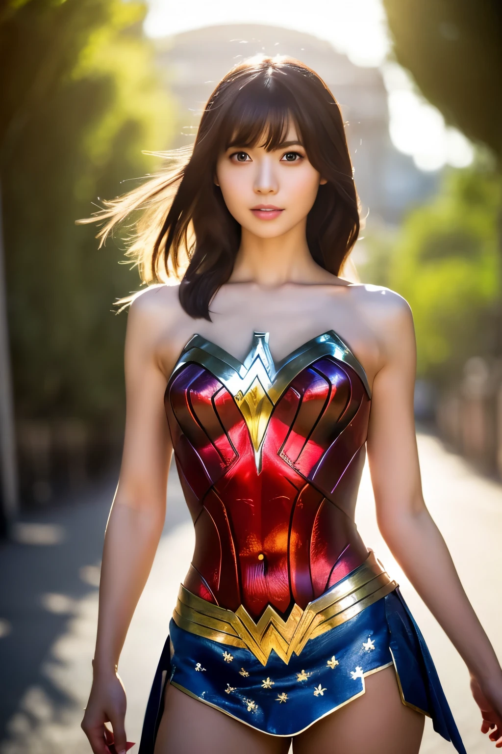 masterpiece, Skinny Japanese woman, Age 30s, 1 beautiful girl, high quality, (High resolution), (8K), (reality: 1.4), Asian beauty, cute face, detailed face, detailed eyes, beautiful skin, slender, very thin waist, movie lighting, bright lighting, professional lighting, looking at the viewer, look straight ahead, slanted bangs, brown hair, (Wonder woman cosplay), ((full body photo))