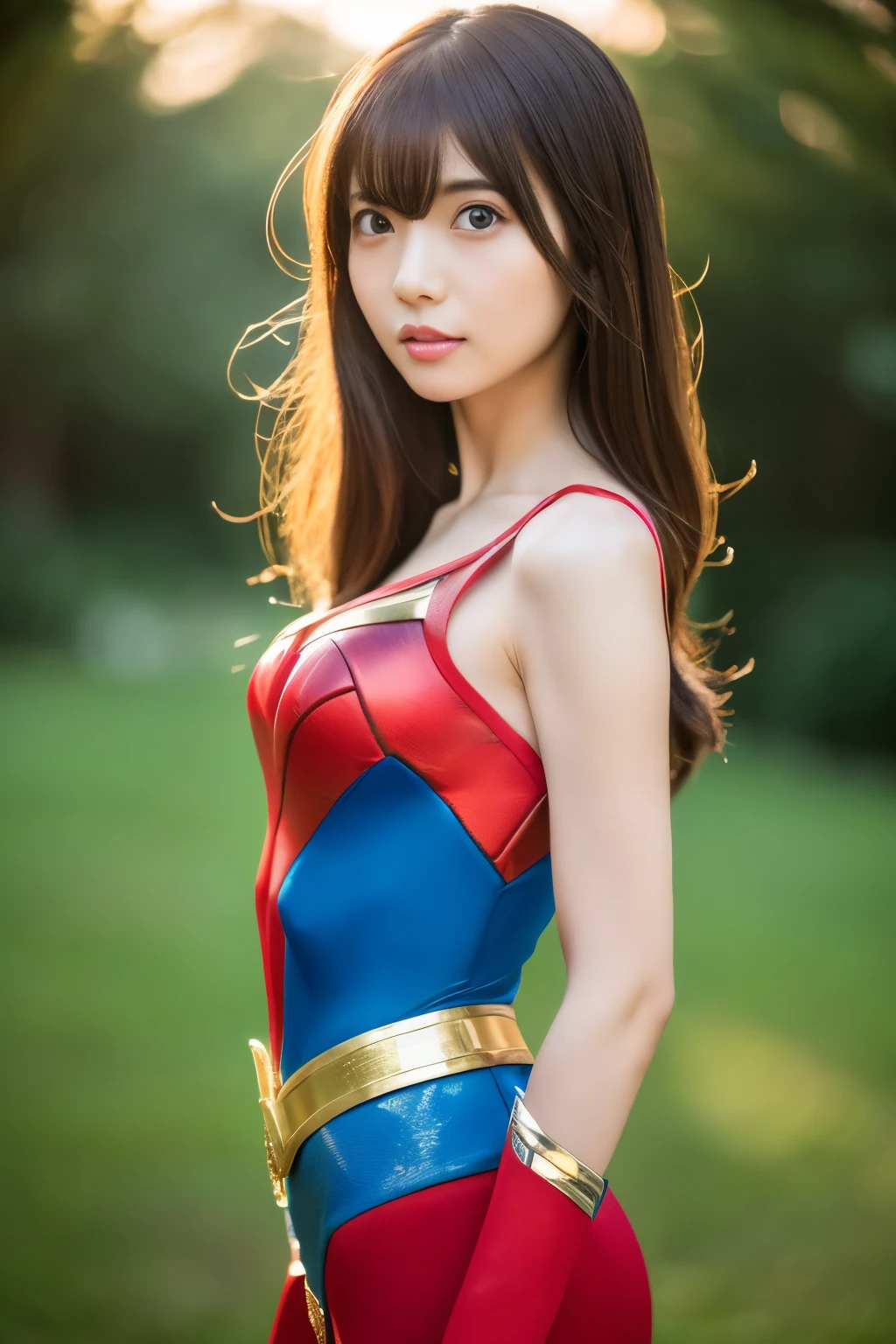 masterpiece, Skinny Japanese woman, Age 30s, 1 beautiful girl, high quality, (High resolution), (8K), (reality: 1.4), Asian beauty, cute face, detailed face, detailed eyes, beautiful skin, slender, very thin waist, movie lighting, bright lighting, professional lighting, looking at the viewer, look straight ahead, slanted bangs, brown hair, (Wonder woman cosplay), ((full body photo))