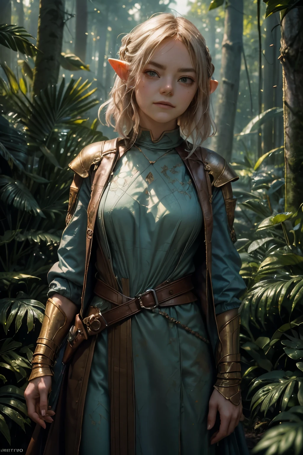 female ranger, smile, halfling ears, ((Emma Stone)), elegantly dressed in olive and brown robes with a hint of leather armor for added durability, hood drawn up to reveal only her cyan eyes and the tip of her braided blonde hair, standing amidst a serene yet mysterious forest scene, with each strand of her hair intricately detailed and every wrapper of her attire finely textured, the oil paint skillfully capturing the luminescence in her cyan eyes, the play of light and shadow on the forest floor, and the tranquility of the natural surroundings. The painting is rendered in incredible detail, with a high resolution revealing every fiber. High detail RAW colored art,  (detailed skin, skin texture), natural atmosphere, (muscle), intricate details, fine details, hyperdetailed, ray tracing, subsurface scattering, diffuse soft lighting, shallow depth of field, by (Oliver Wetter) Atey Ghailan, by Jeremy Mann, Greg Manchess, Antonio Moro, trend at ArtStation, trend at CGSociety, Intricate, High Detail, Sharp focus, dramatic and photorealistic painting art by midjourney and greg rutkowski, bokeh in the background,  jacket, best quality, masterpiece