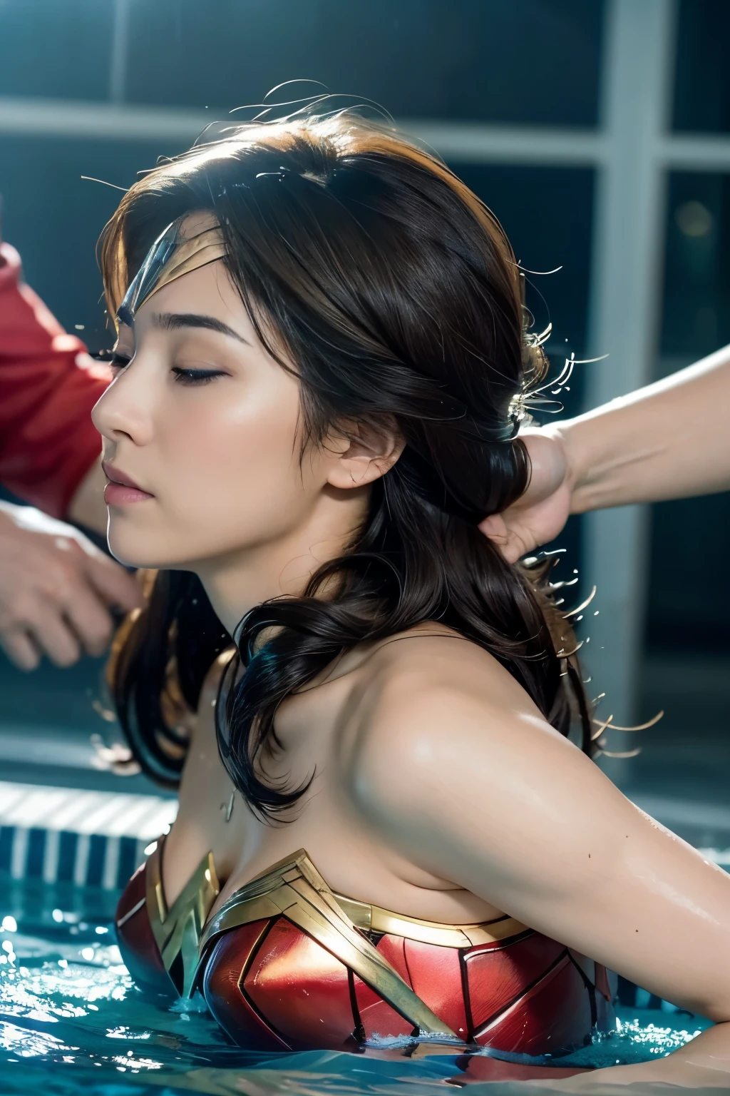 perfect wonder woman costume,turn away,back view,Being submerged in a pool,Drowning in the pool,Face submerged in water,dive underwater,Submerge your face in water,inside the pool,Inside the fountain,Soaked in water,Soaking wet wonder woman,sleeping face,Close ~ eyes,open your mouth,tired face,face of suffering,sleeping face,soaking wet hair,Soaked Hair,wet body,fight the men,surrounded by men,,caught between men,being tackled by men,Intertwining with men, Attacked by men,assaulted by men,Being bullied by guys,being sexually abused by a man,Captured by a man,Being detained by a man、touch your face,、Hair is pulled hard,My head is grabbed,Grab my head,brown hair, masterpiece、beautiful girl、fine 目、puffy eyes、highest quality, 超High resolution, (reality: 1.4), movie lighting,super beautiful、beautiful skin、(超reality的な)、(High resolution)、(8K)、(very detailed)、(beautiful and fine 目)、(Super detailed)、 detailed face、slanted bangeshi hair、brown hair、20-year-old、Wonder Woman Cosplay