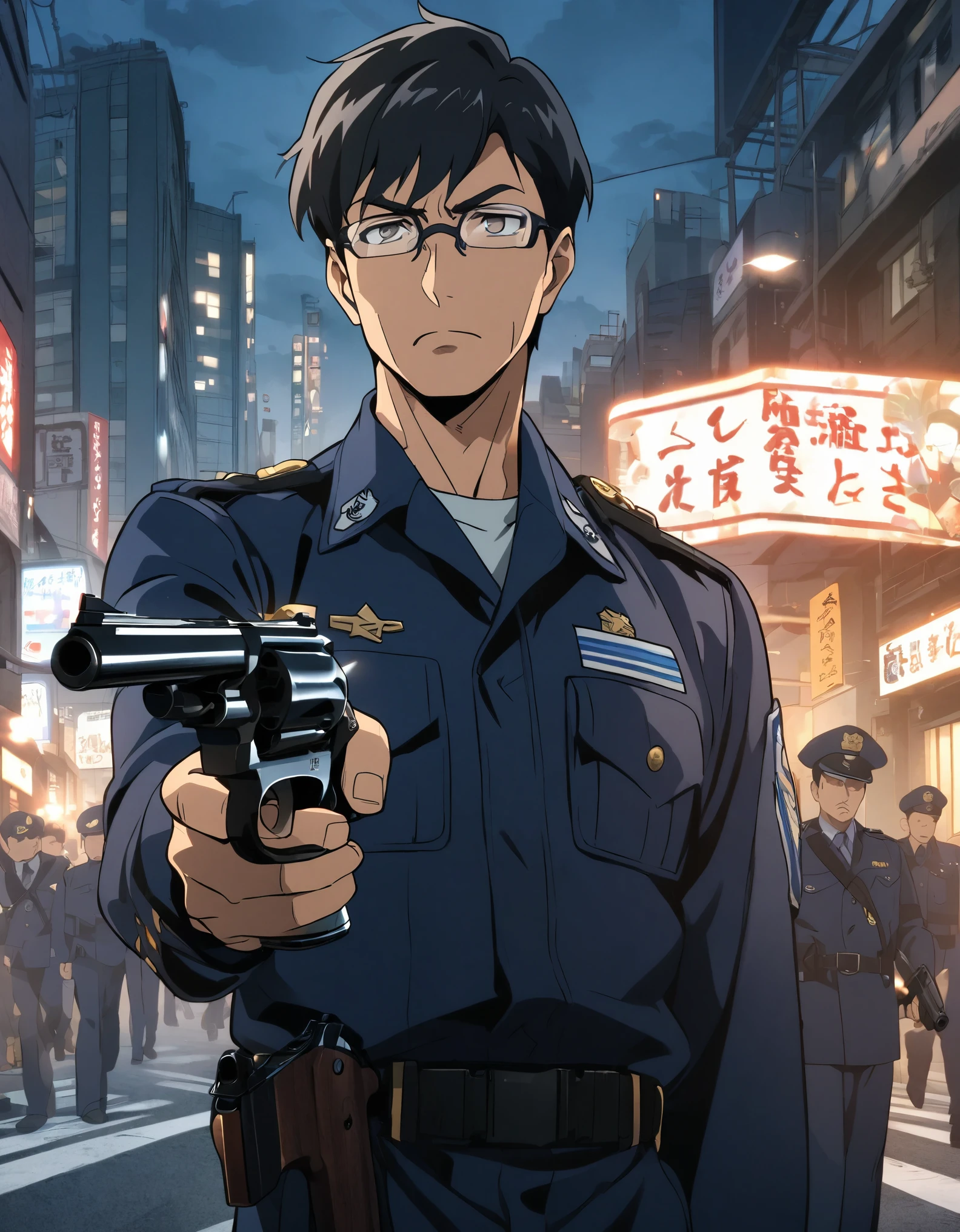 High quality, 1boy, middle aged man, anime style, japanese policeman, police captain, police commissioner, black hair, hazel eyes, glasses, (holding a gun, holding a pistol, holding a 357 magnum revolver), tokyo city street backdrop, solo, solo focus