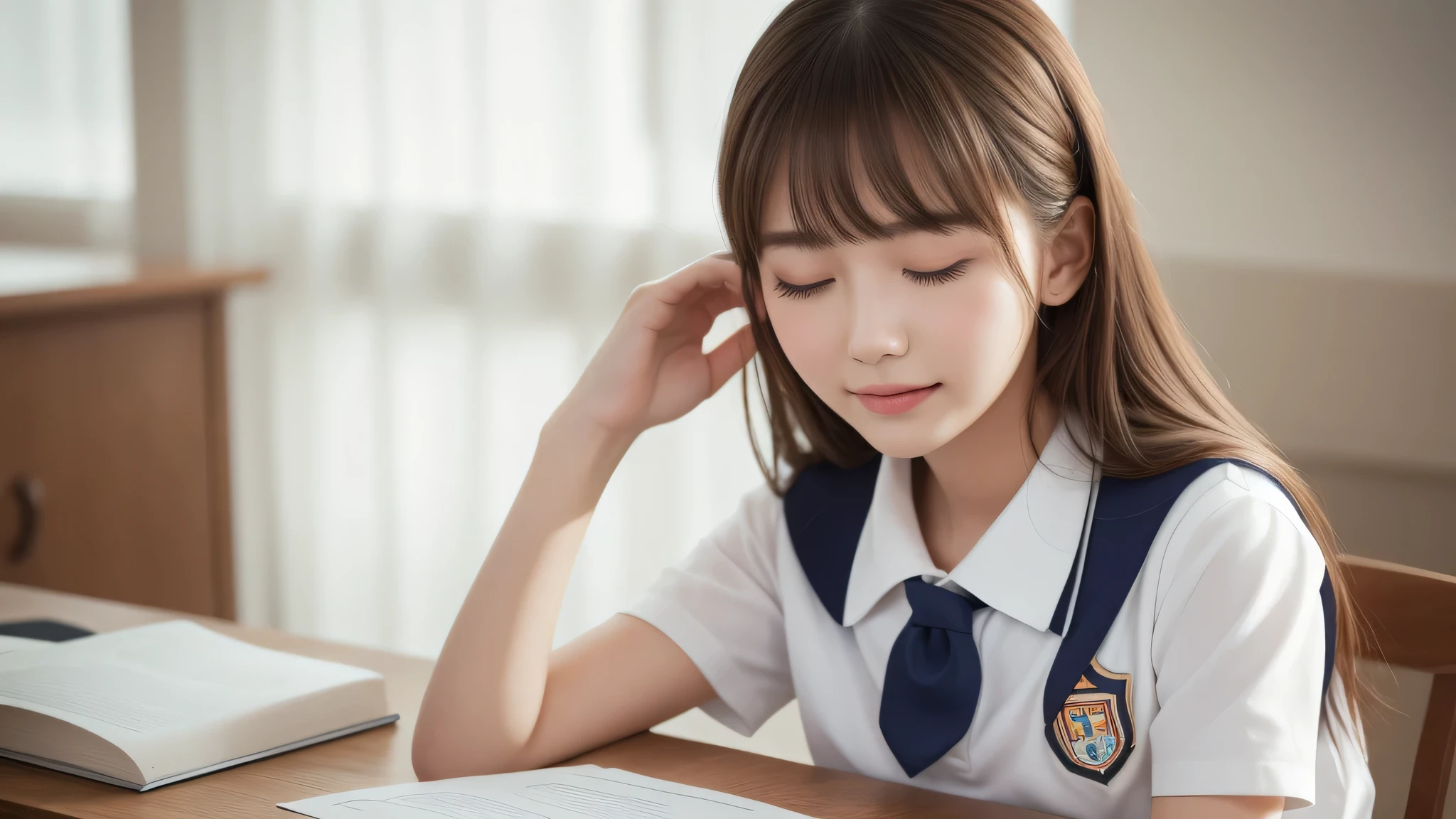 (1girls), beautiful face, Amazing face and eyes, delicate, (Best Quality:1.4), (Ultra-detailed), (extremely detailed beautiful face), (princess hair cut style), cute smile, brown eyes, (highly detailed Beautiful face), (short sleeves school uniform:1.3), (extremely detailed CG unified 8k wallpaper), Highly detailed, High-definition raw color photos, Professional Photography, Realistic portrait, Extremely high resolution, modern, trendy, fashionable, (falling asleep at the desk), No expression, sleepy face