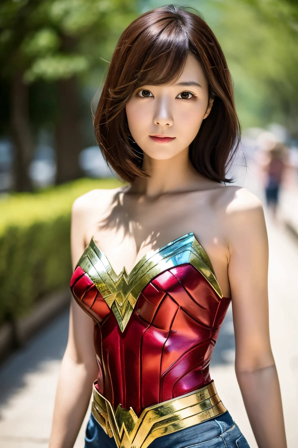 masterpiece, Skinny Japanese woman, Age 30s, 1 beautiful girl, high quality, (High resolution), (8K), (reality: 1.4), Asian beauty, cute face, detailed face, detailed eyes, beautiful skin, slender, very thin waist, movie lighting, bright lighting, professional lighting, looking at the viewer, look straight ahead, slanted bangs, brown hair, (Wonder woman cosplay), ((full body photo))