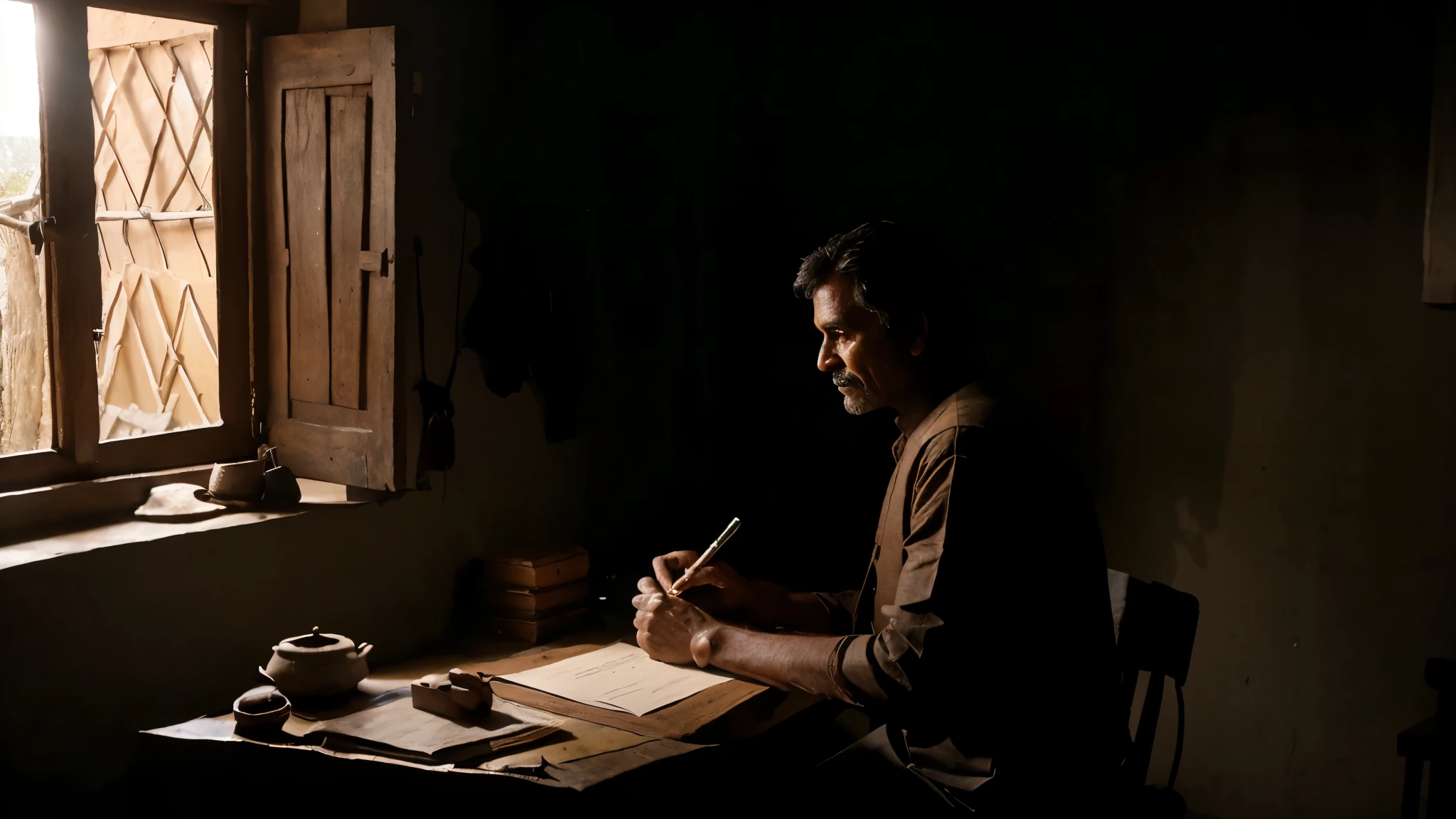 Full body view, inside a dark Indian earthen village hut, silhouette of a middle aged Indian man sitting at a desk in front of a small window writting a letter, raining outside the window