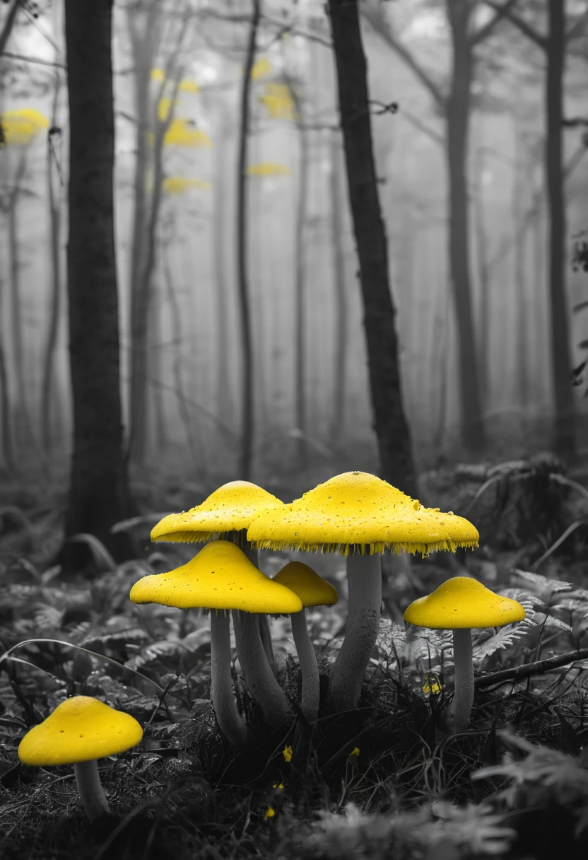 (black and white forest at night), mist mushrooms (yellow selective color: 3.0), flora and fauna creating an ethereal atmosphere, octane, high resolution, shalow depth of field, sharp focus, bw