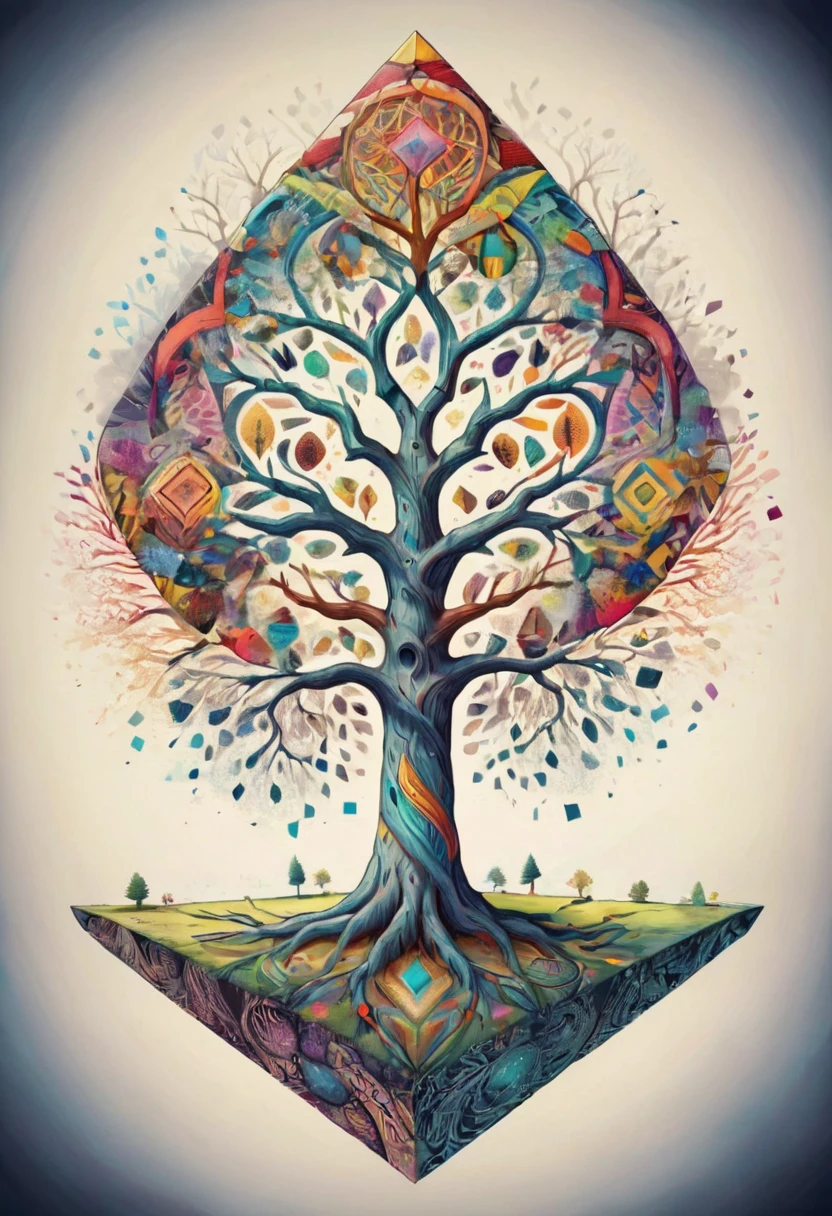 giant geometric shape, colorful tree of life, geometric art, symmetrical, concept art, HDR, centered composition, high contrast, Zentangle . masterpiece, best quality, very aesthetic, absurdres, otclillsn