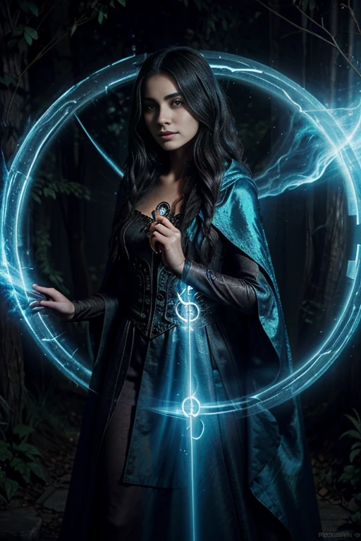 A mesmerizing enchantress stands at the entrance of a magical portal, her cloak swirling with ethereal energy, while holding a key that unlocks hidden realms and her gaze beckoning the curious traveler.