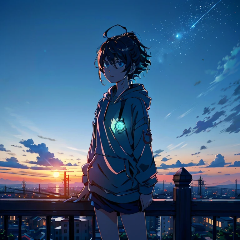Realistic, Real life, Beautiful cute  standing on roof looking at the sky, Detailed cities below with lanterns, Very detailed by Greg Lutkowski Makoto Shinkai Kyoto Animation Key Art Feminine mid-shot, style of Laurie Greasley, Studio Ghibli, Akira Toriyama, by james gilleard, GenshinImpact, Trending pixiv fanbox, acrylic palette knife, 4K, Vibrant colors, Devinart, Trending on ArtStation,Octane Render, bio luminescent,8K resolution concept art, Realism,by Mappa Studios,masutepiece,Best Quality,Official art,Illustration,ligne claire,(Cool_Color),Perfect composition,absurderes, Fantasy,Focused,Night, Starry Night, crescent, shooting stars,Stars,,Cypherpunk universe,Photo of 8K ultra realistic beautiful sad woman in her 20s standing on top of a building,Leaning against the railing,Take a look at the sky for a moment, See the glowing cypherpunk neon city ,Wearing a cypherpunk style short hoodie shirt and medium short,Medium chest, Full Moon Night , entire city visible , Complex wet black shoulder length hair, Heavy rain makes her all wet ,