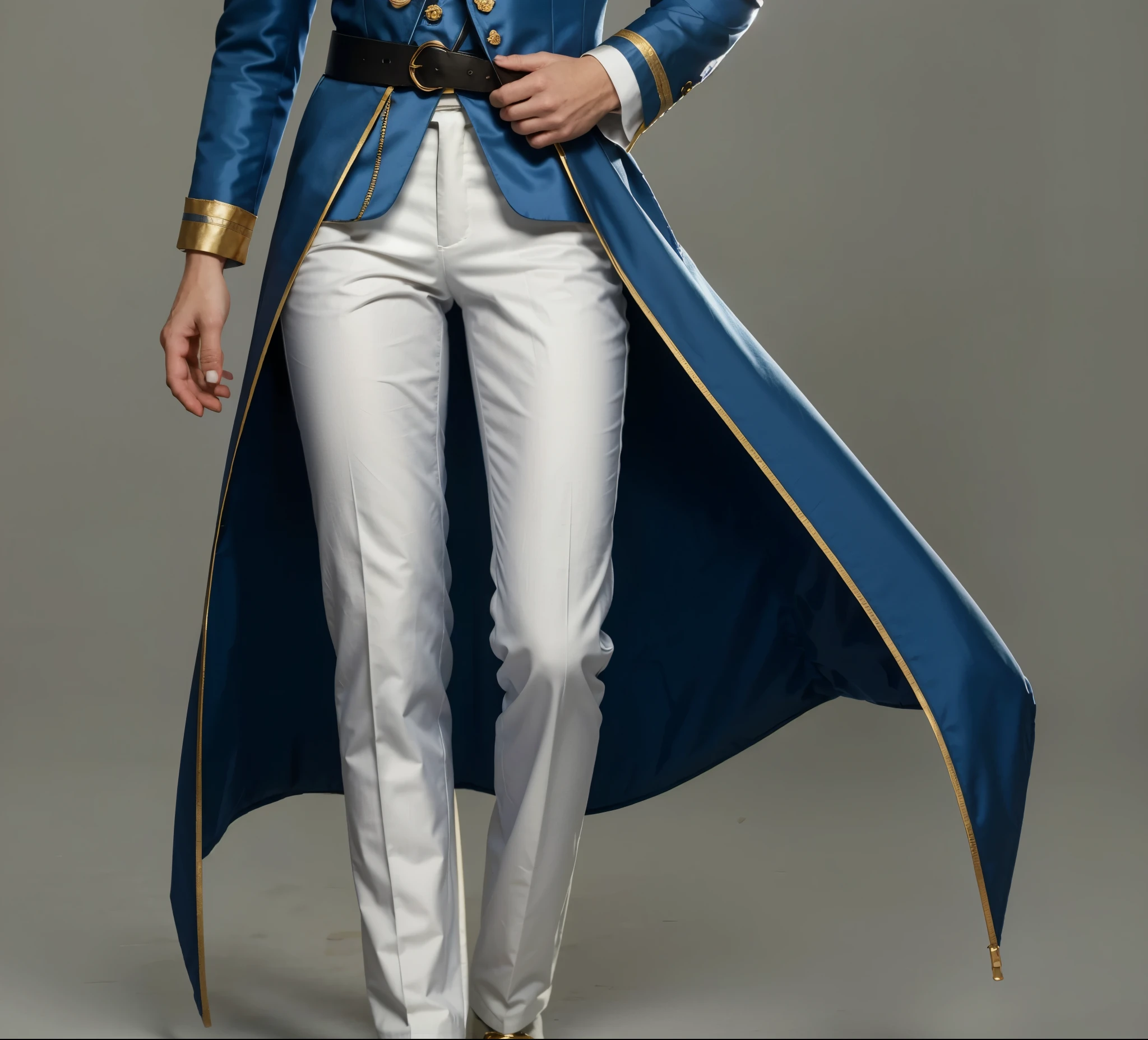reference sheet: 1.8, great details, high quality, masterful work, Tall Boy, Beautiful face, long pants, art in boots, (masterpiece, A high resolution, high quality: 1.2), complex parts, cinematic lighting, clear focus, depth of field, blue coat, White pants, black shoes with gold toe, Gold Elements, brunette, an aristocrat, White pants, brooch expensive brooch, брошь an aristocratа, White vest, white suit, blue cloak