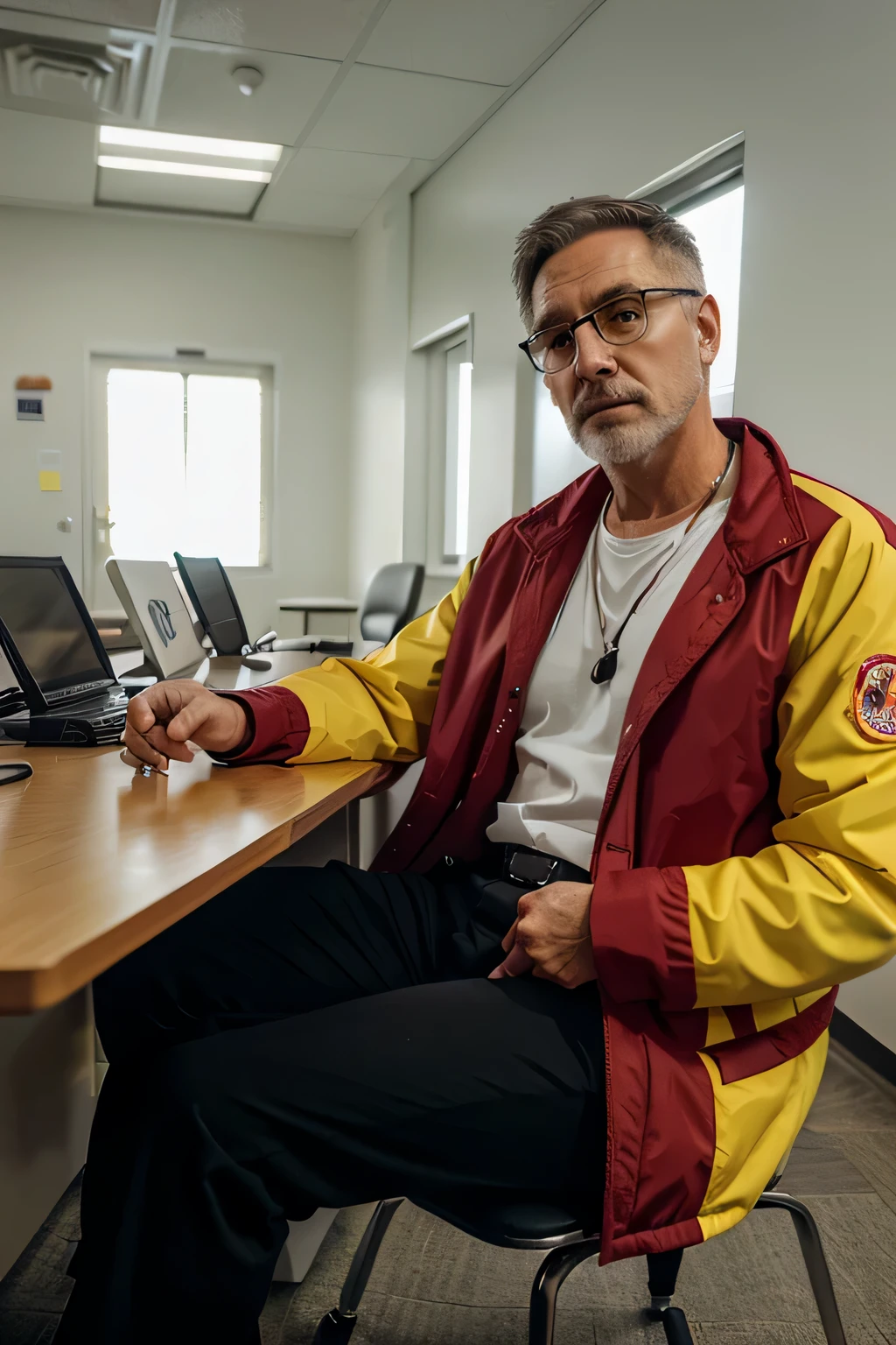 a 50-year-old white  man,security guard in the healthcare area,sitting and talking on a walkie-talkie,dressed in red jackett,and black pants  yellow lenses more cassual in a  healthcare office