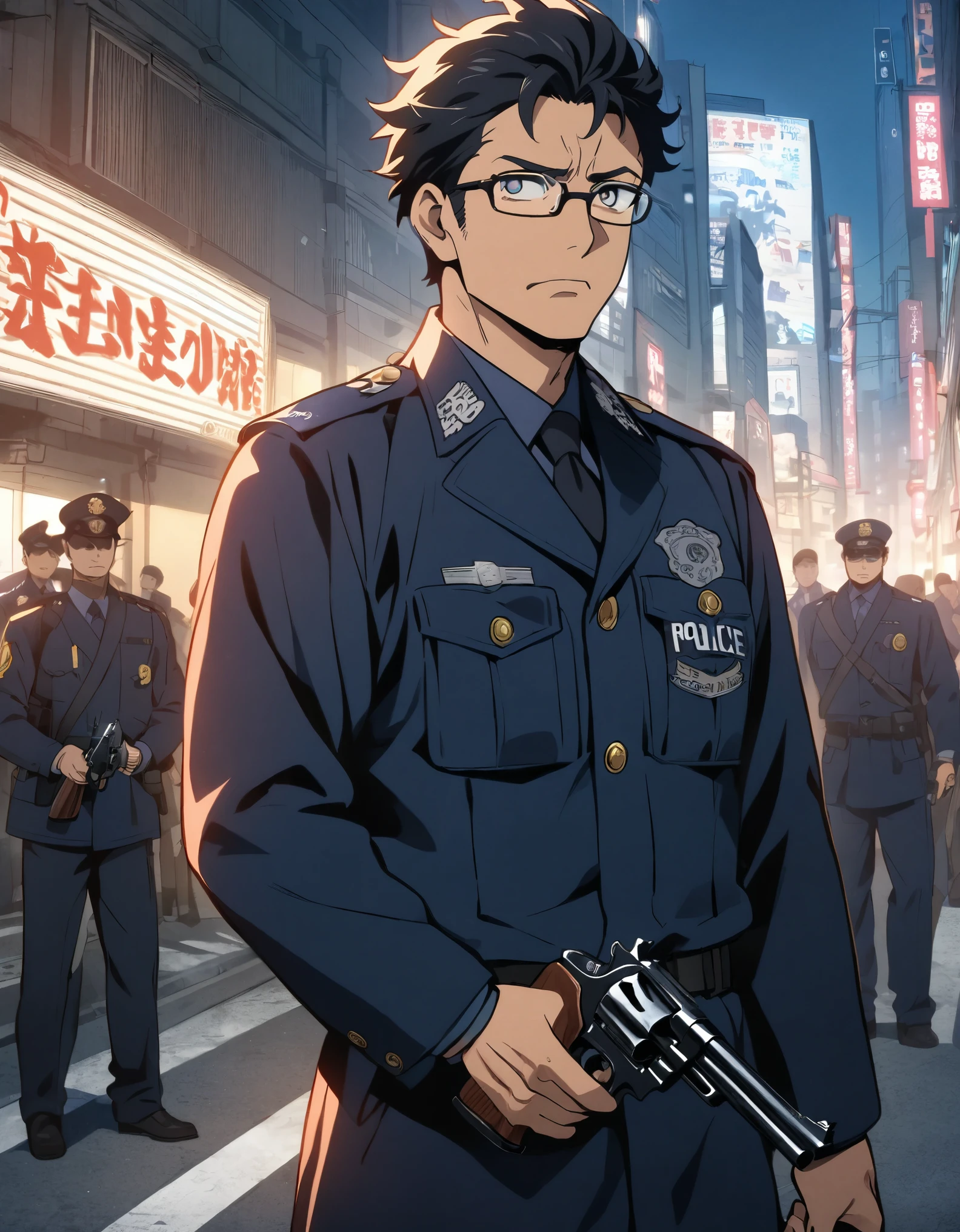 High quality, 1boy, middle aged man, anime style, japanese policeman, police captain, police commissioner, black hair, hazel eyes, glasses, (holding a gun, holding a pistol, holding a 357 magnum revolver), tokyo city street backdrop, solo, solo focus
