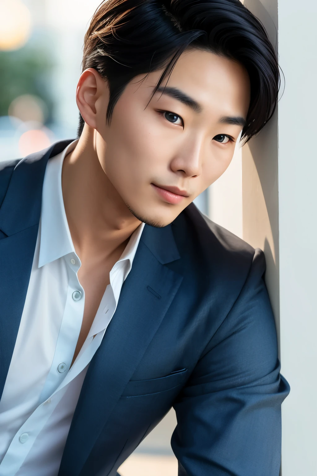 Raw and candid portrait, front and side close-up photo of a handsome young Korean man in his late 20s, radiating with charm and confidence. His cute, delicate, and playful face captivates with his mesmerizing blue eyes that seem to tell a thousand stories. The realistic skin texture showcases the flawless complexion, highlighting his youthful vitality. Standing tall and athletic, he embodies a captivating boho-chic style that adds an air of sophistication to the composition. Against a pristine white background, the shot captures every intricate detail, making it a highly detailed masterpiece. Shot with the Sony Alpha A6500 at an aperture of 1.4f, the bokeh effect adds depth and intrigue to the overall image, further emphasizing the subject's