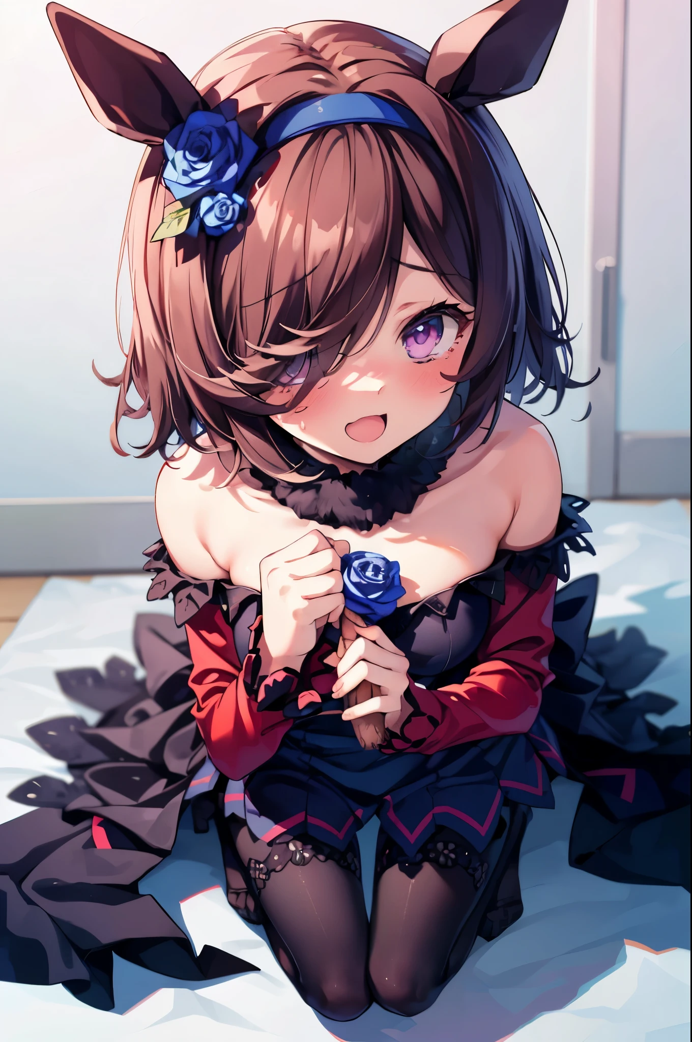 NSFW,((1 man and 1 woman,doing tit fuck)), Paizuri squeeze,paizuri,breasts blowjob,breast in 1penis,ウマ娘のNishinohana,Uma Musume,Nishinohana,short hair,red headband,beautiful purple eyes,black dress,frills,Blue rose,black stockings,cute,Curvaceous,smile with open mouth,blush,embarrassed face,upward glance,simple background,best image quality,highest quality,masterpiece