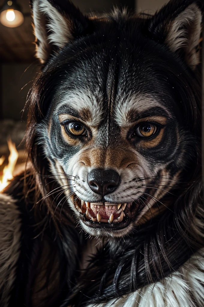 Create a dragon and wolf hybrid, olhos azuis, e cuspindo fogo