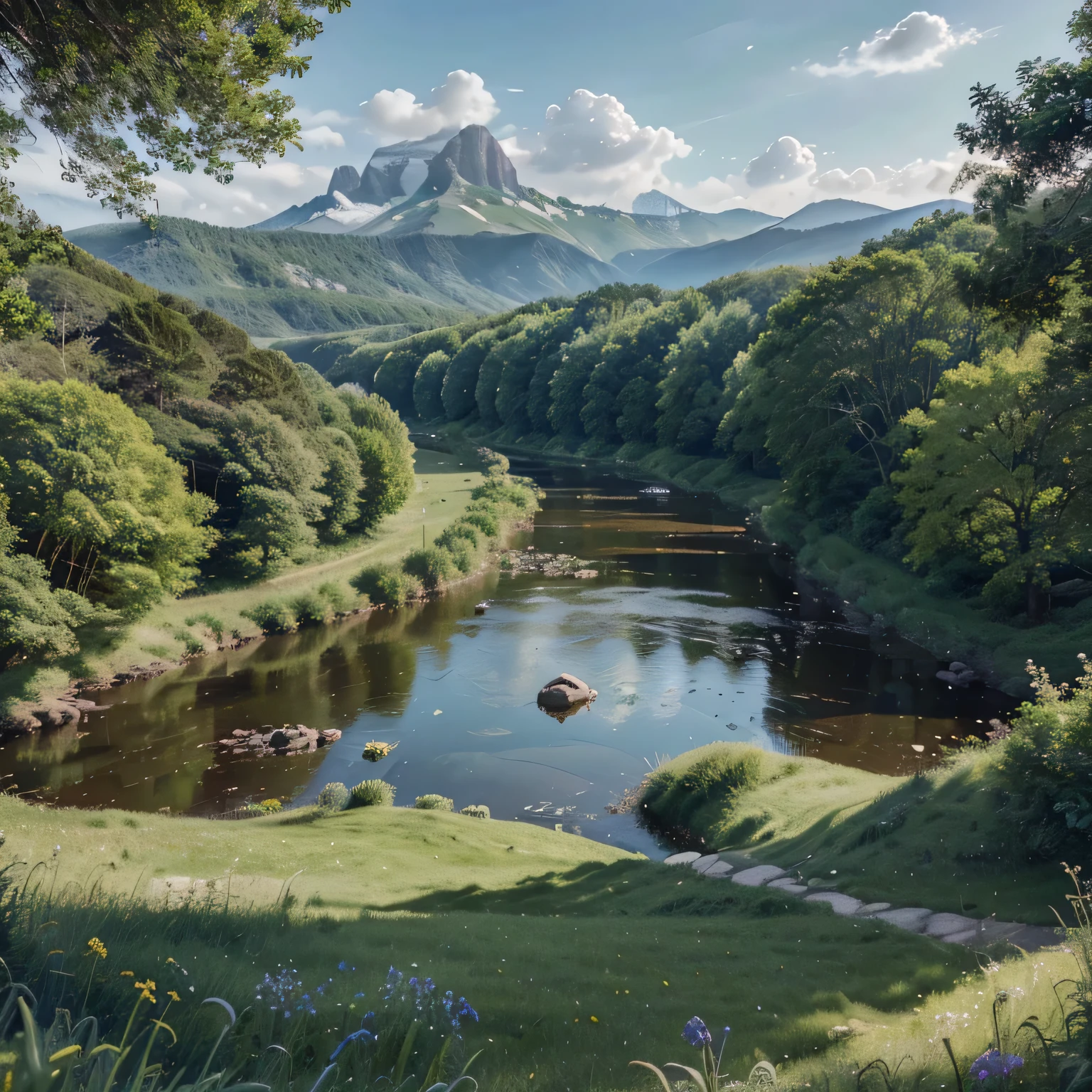 realistic,highres,lush green landscape,winding river,rolling hills,fruit-bearing trees,bright colorful flowers,tranquil atmosphere,sun-drenched scene,vivid blue sky,fresh air,serene beauty,whispering breeze,pristine nature,rays of sunlight streaming through the trees,harmonious balance,natural harmony,majestic mountains in the distance,soft grassy meadow,sparkling water,gentle rippling waves,butterflies fluttering,harmonious coexistence,abundance of life,peaceful countryside,spectacular view,scenic panorama,awe-inspiring beauty,sensory delight,invigorating experience,serenity at its finest,close connection with nature,great attention to detail,immersive experience,captivating scenery,unspoiled wilderness,timeless charm